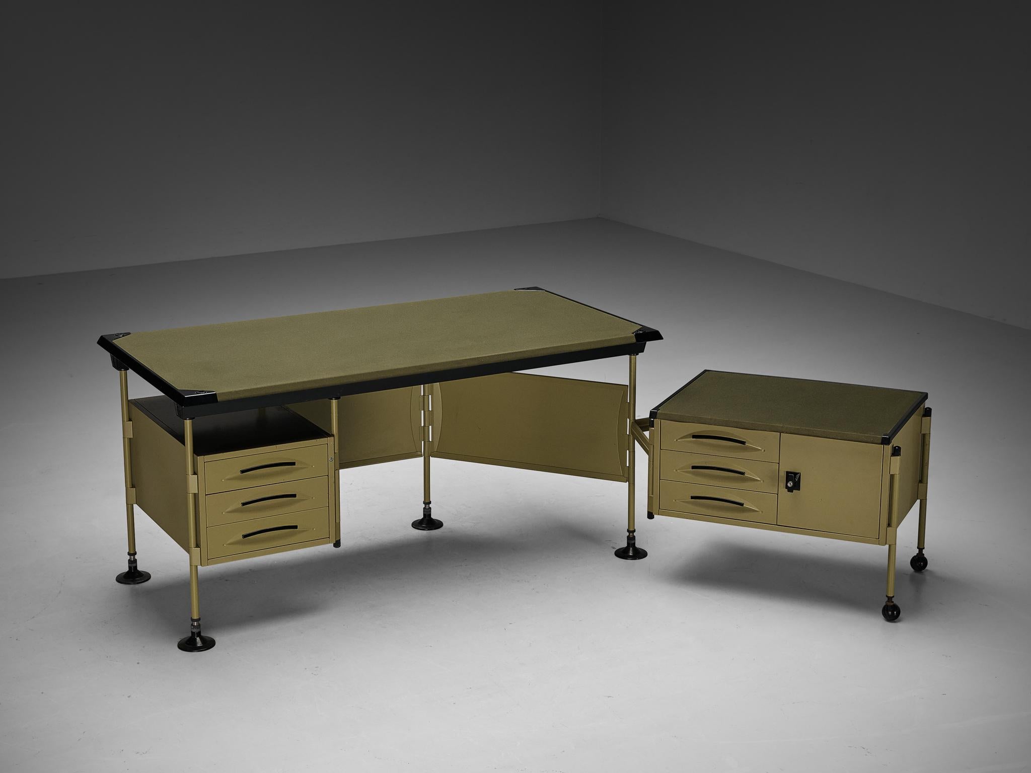 Studio BBPR for Olivetti, 'Spazio' writing desk with various storage compartments, coated steel, plastic, fabric, Italy, design 1959/60, production 1960s 

In 1954, Olivetti, the Italian office equipment manufacturer, hired BBPR to design their New