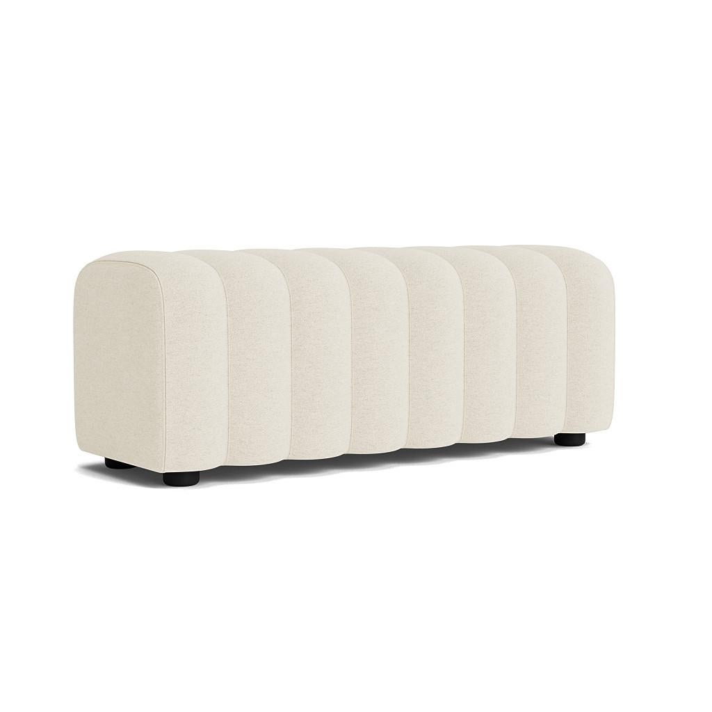 Studio Bench by NORR11
Dimensions: D 47 x W 120 x H 47 cm. SH 47 cm. 
Materials: Foam, wood and upholstery.
Upholstery: Barnum Boucle Color 24.
Weight: 15 kg.

Available in different upholstery options. A wood structure with elastic belts & foam.