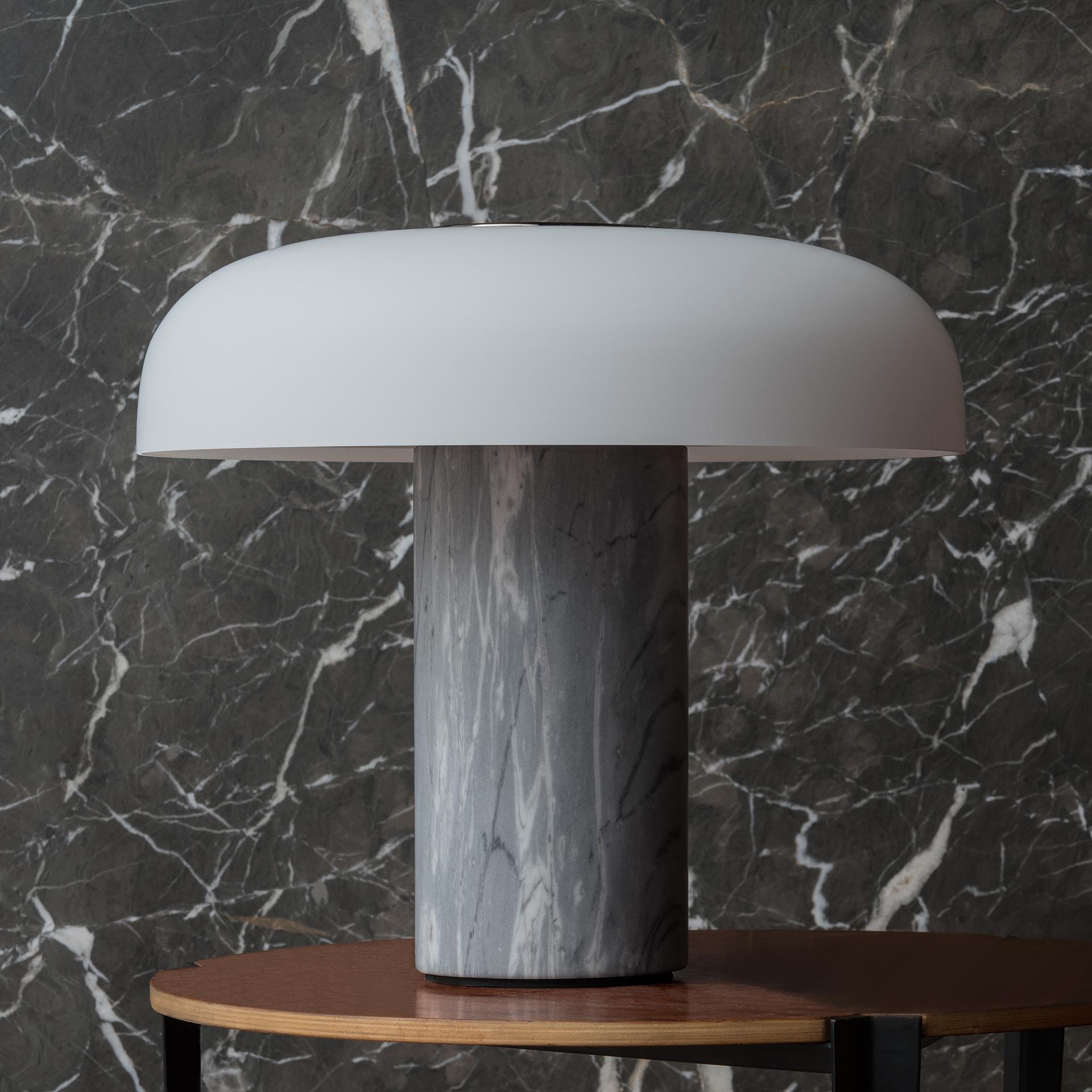 Studio Buratti 'Tropico' gray marble & glass table lamp for Fontana Arte. 

Executed in high quality marble, thick etched hand blown opaline glass and galvanized glossy black metal. The 