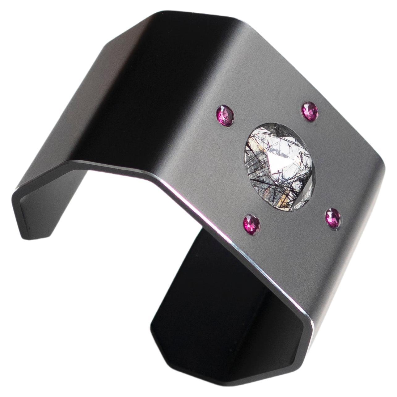 Studio C Tourmaline Quartz Rhodolite Garnets and Black Aluminium Cuff For Sale