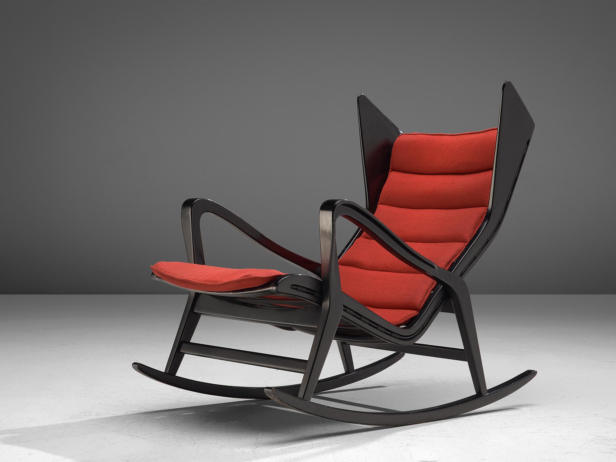 Mid-Century Modern Studio Cassina '572 Rocking' Chair in Ebonized Wood and Red Fabric
