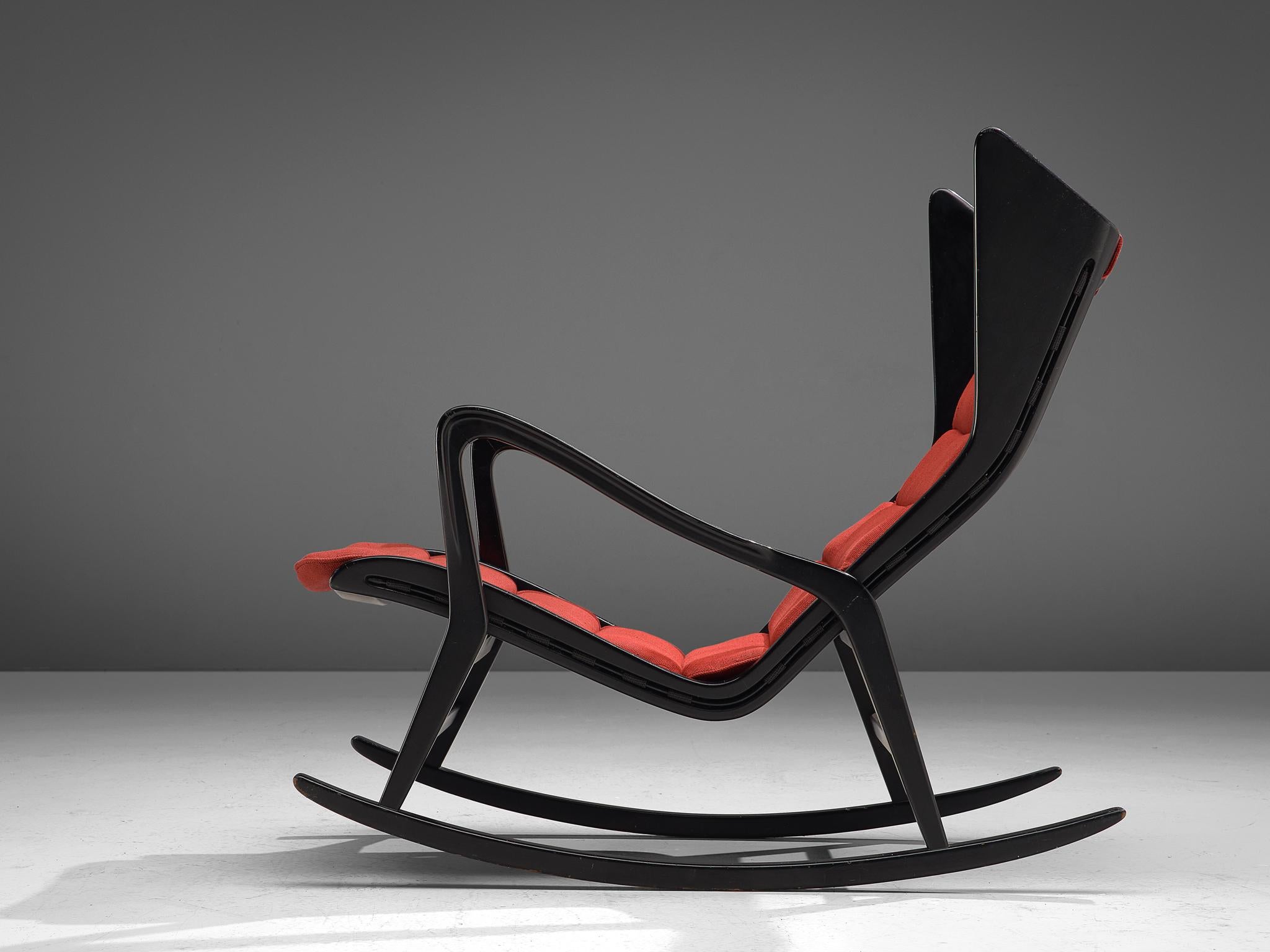 Italian Studio Cassina '572 Rocking' Chair in Ebonized Wood and Red Fabric