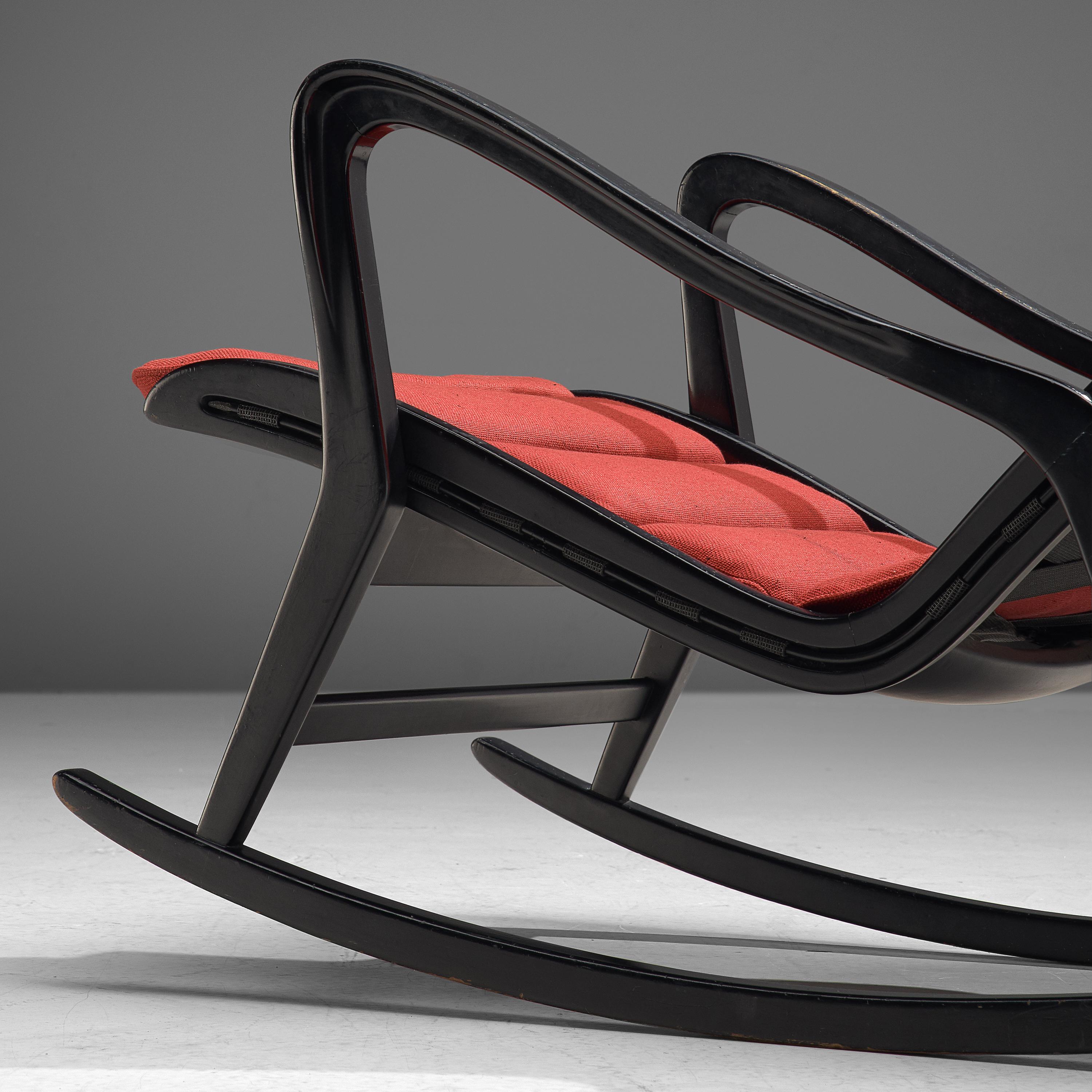Studio Cassina '572 Rocking' Chair in Ebonized Wood and Red Upholstery In Good Condition In Waalwijk, NL