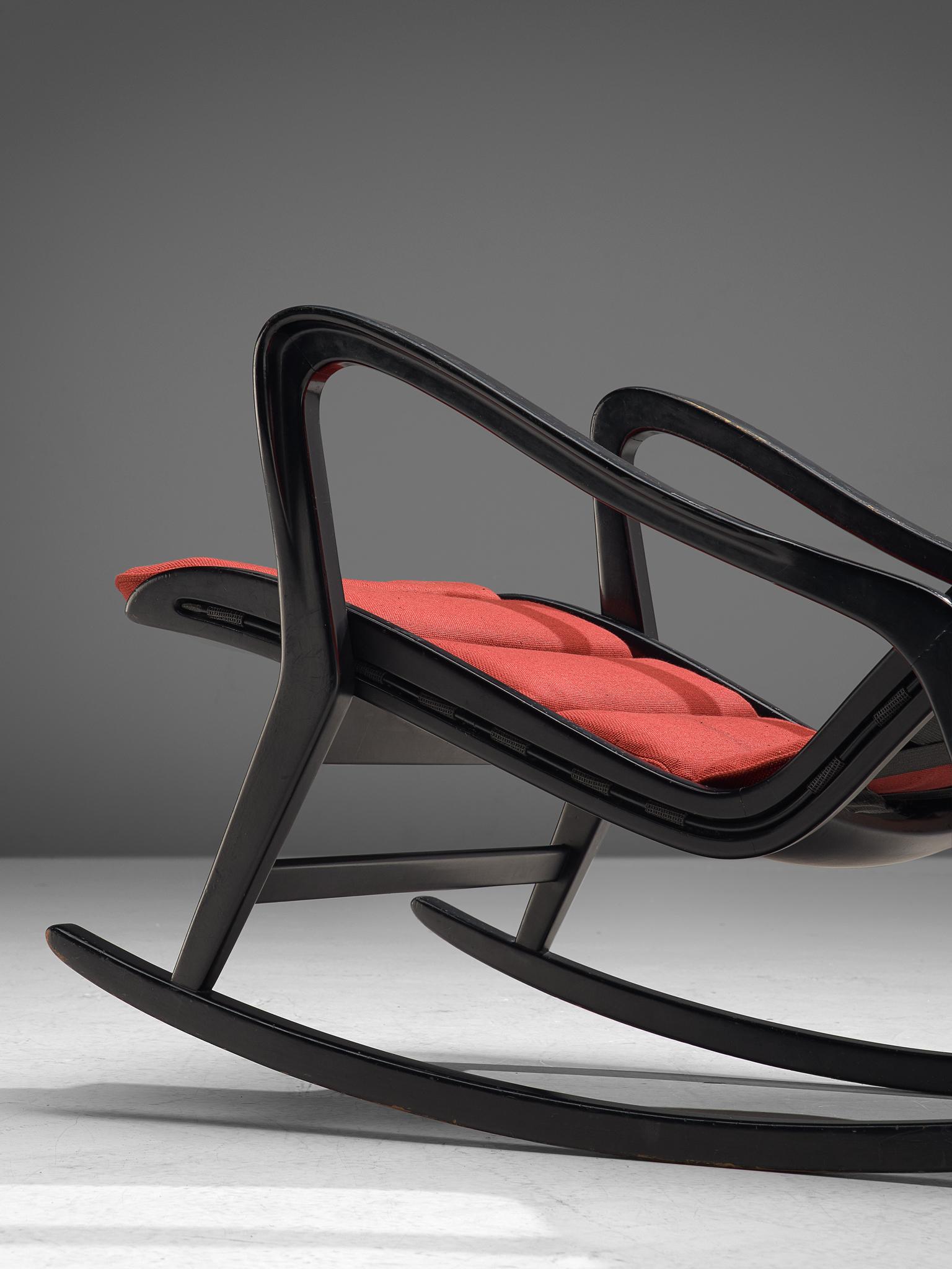 Mid-20th Century Studio Cassina '572 Rocking' Chair in Ebonized Wood and Red Fabric