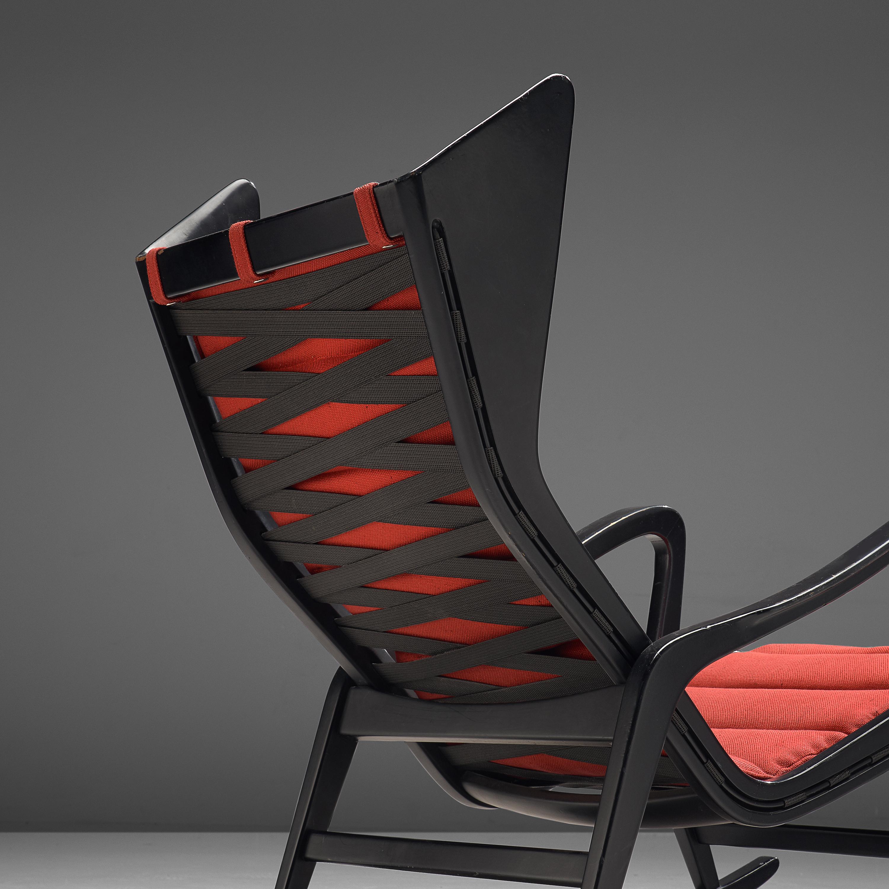 Mid-20th Century Studio Cassina '572 Rocking' Chair in Ebonized Wood and Red Upholstery