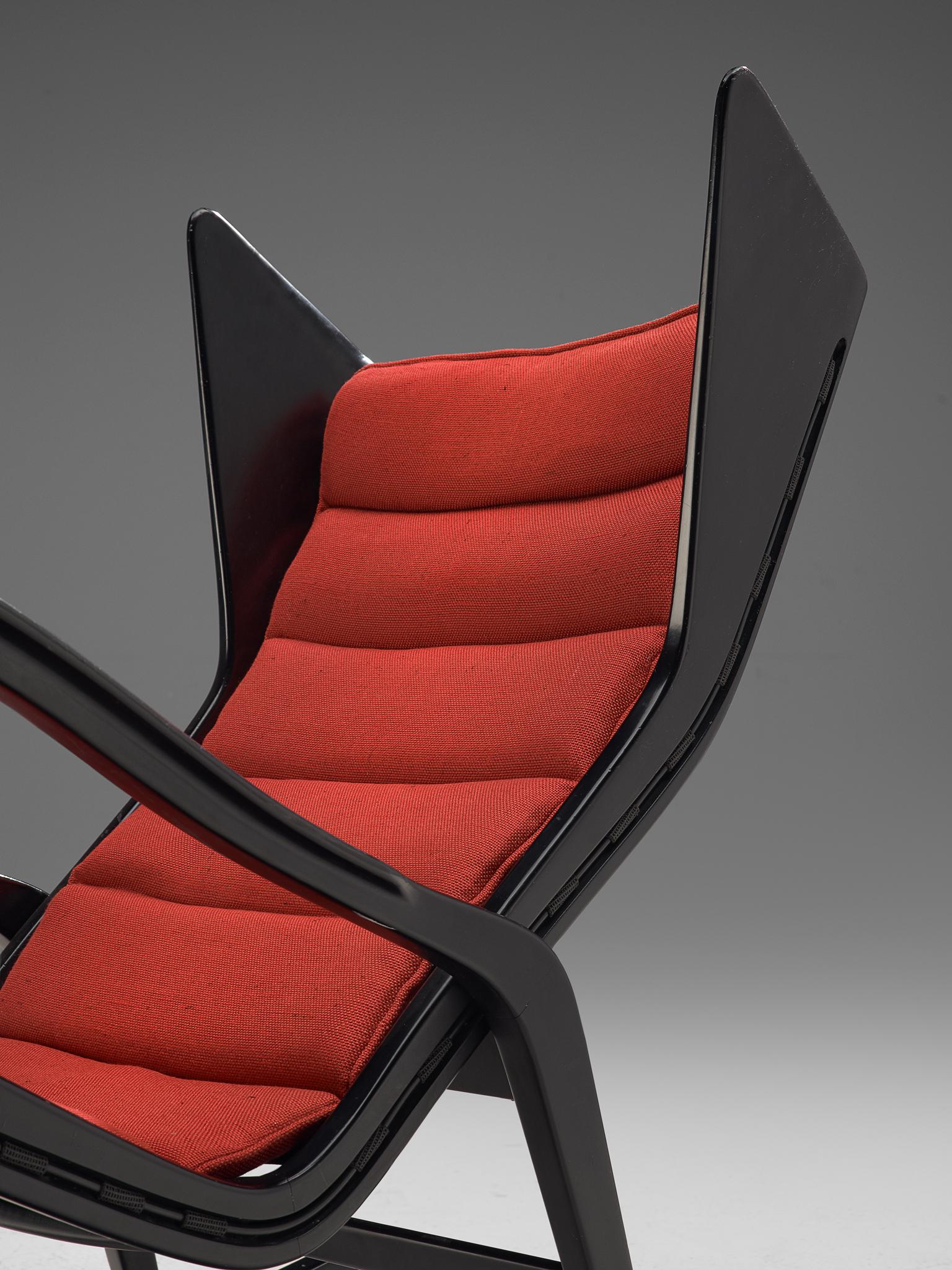 Studio Cassina '572 Rocking' Chair in Ebonized Wood and Red Fabric 1