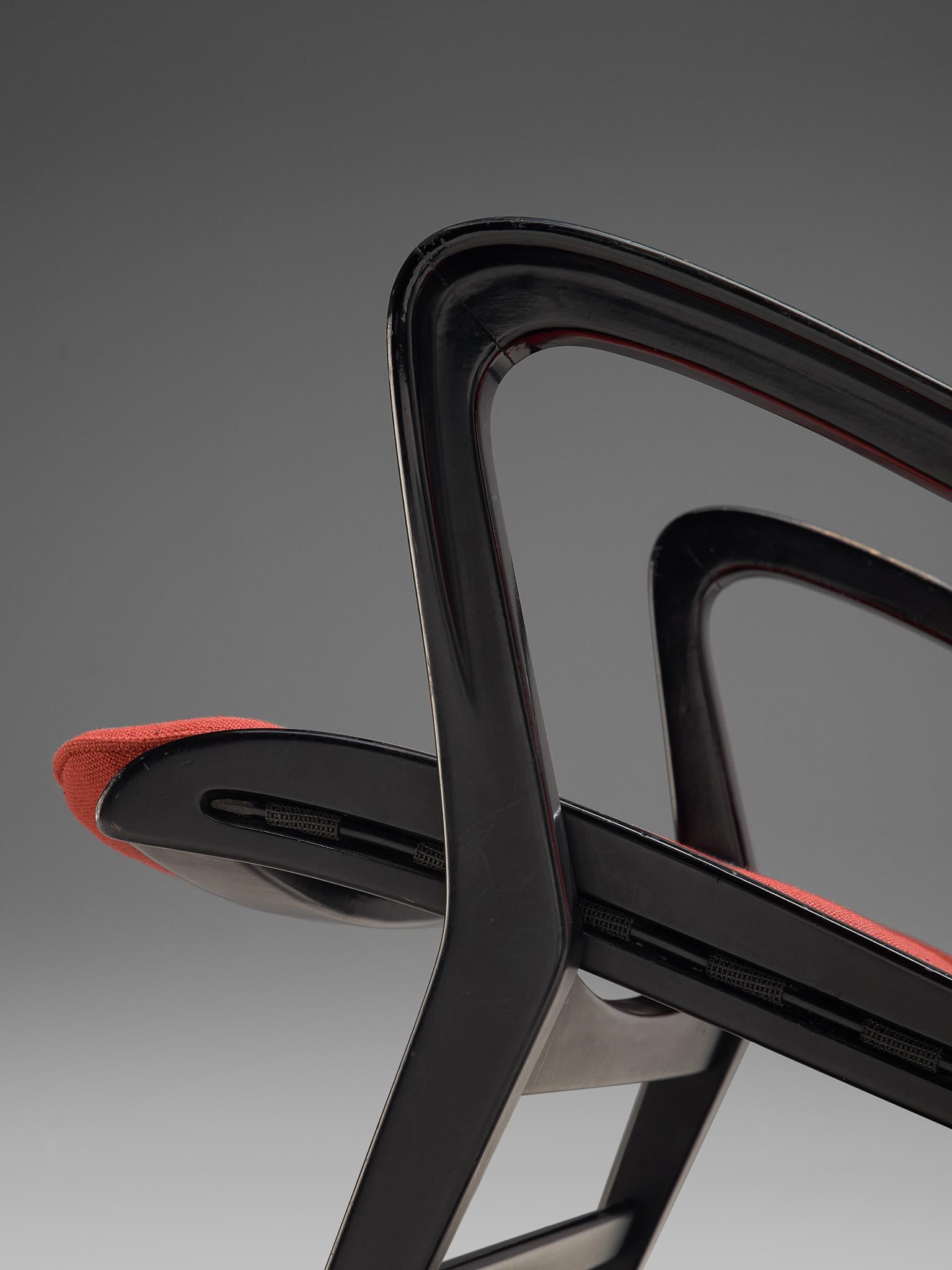 Studio Cassina '572 Rocking' Chair in Ebonized Wood and Red Fabric 2
