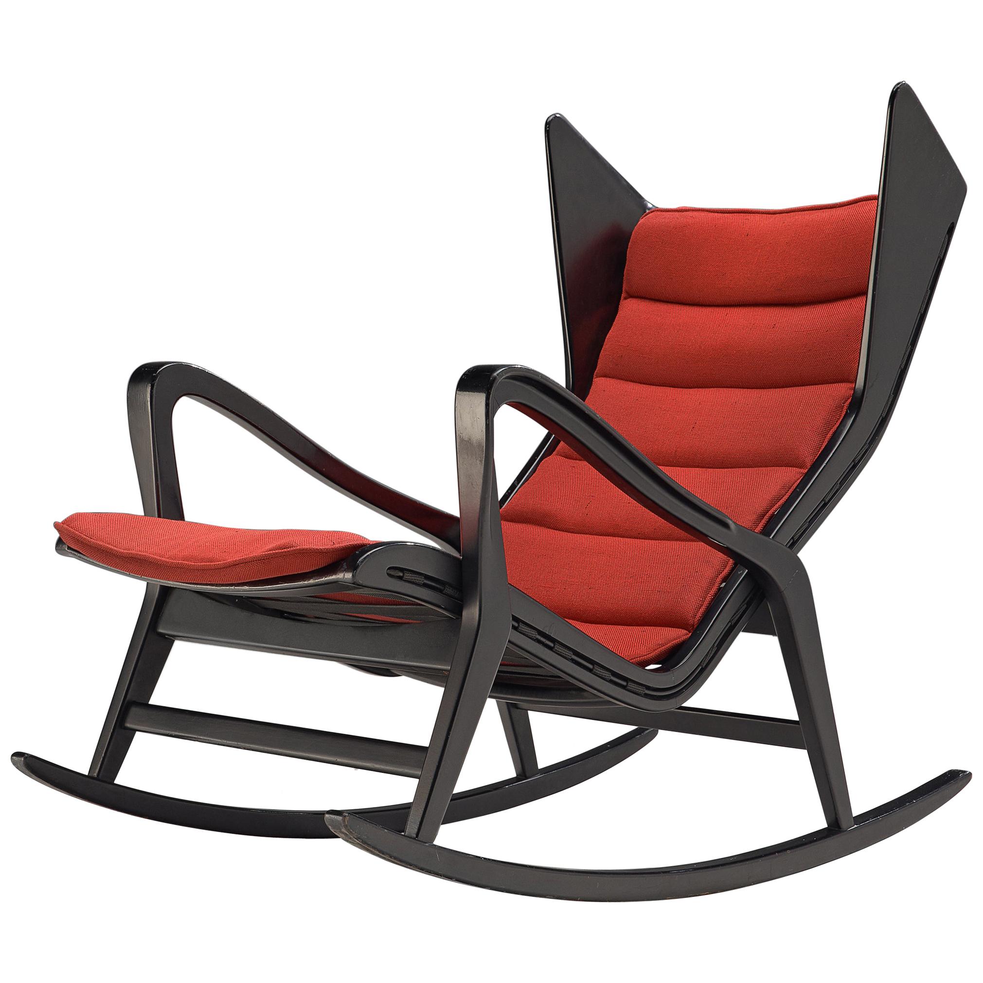 Studio Cassina '572 Rocking' Chair in Ebonized Wood and Red Fabric
