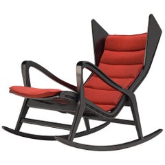 Studio Cassina '572 Rocking' Chair in Ebonized Wood and Red Fabric