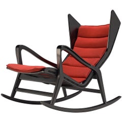 Studio Cassina '572 Rocking' Chair in Ebonized Wood and Red Fabric