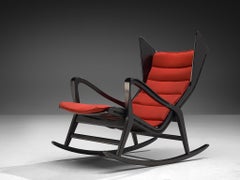 Studio Cassina '572' Rocking Chair in Ebonized Wood and Red Upholstery