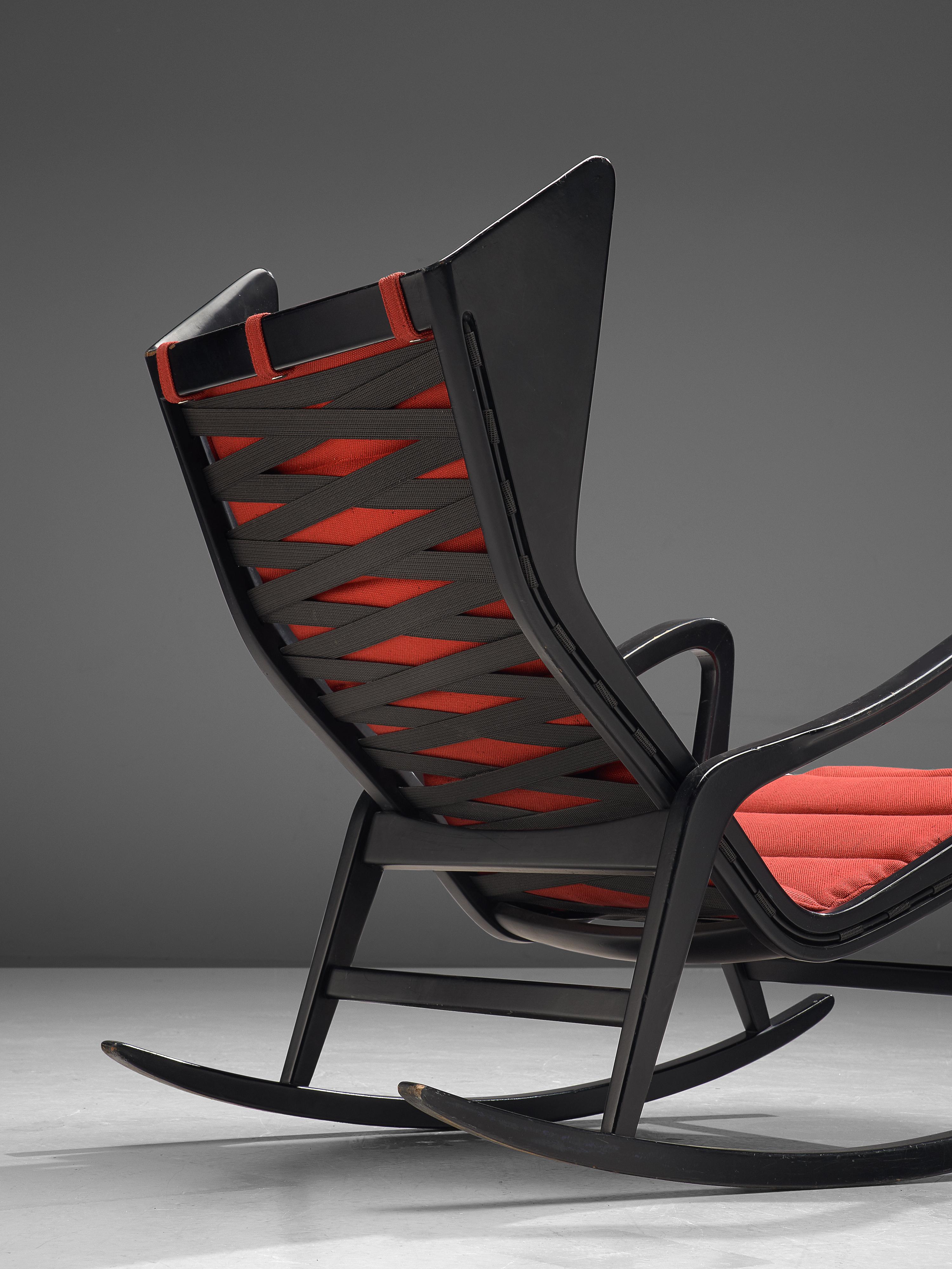 Studio Cassina '572 Rocking' Chair in Ebonized Wood and Red Upholstery In Good Condition For Sale In Waalwijk, NL