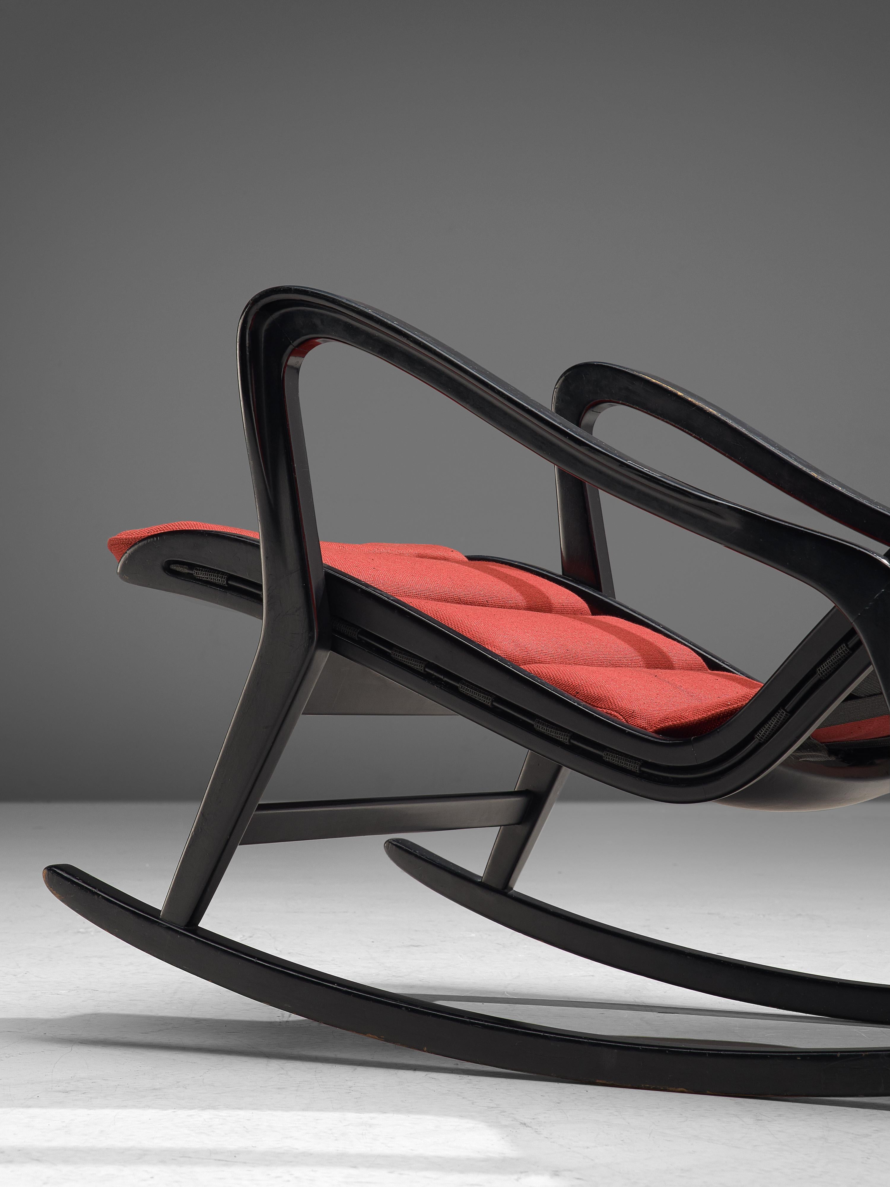 Mid-20th Century Studio Cassina '572 Rocking' Chair in Ebonized Wood and Red Upholstery For Sale