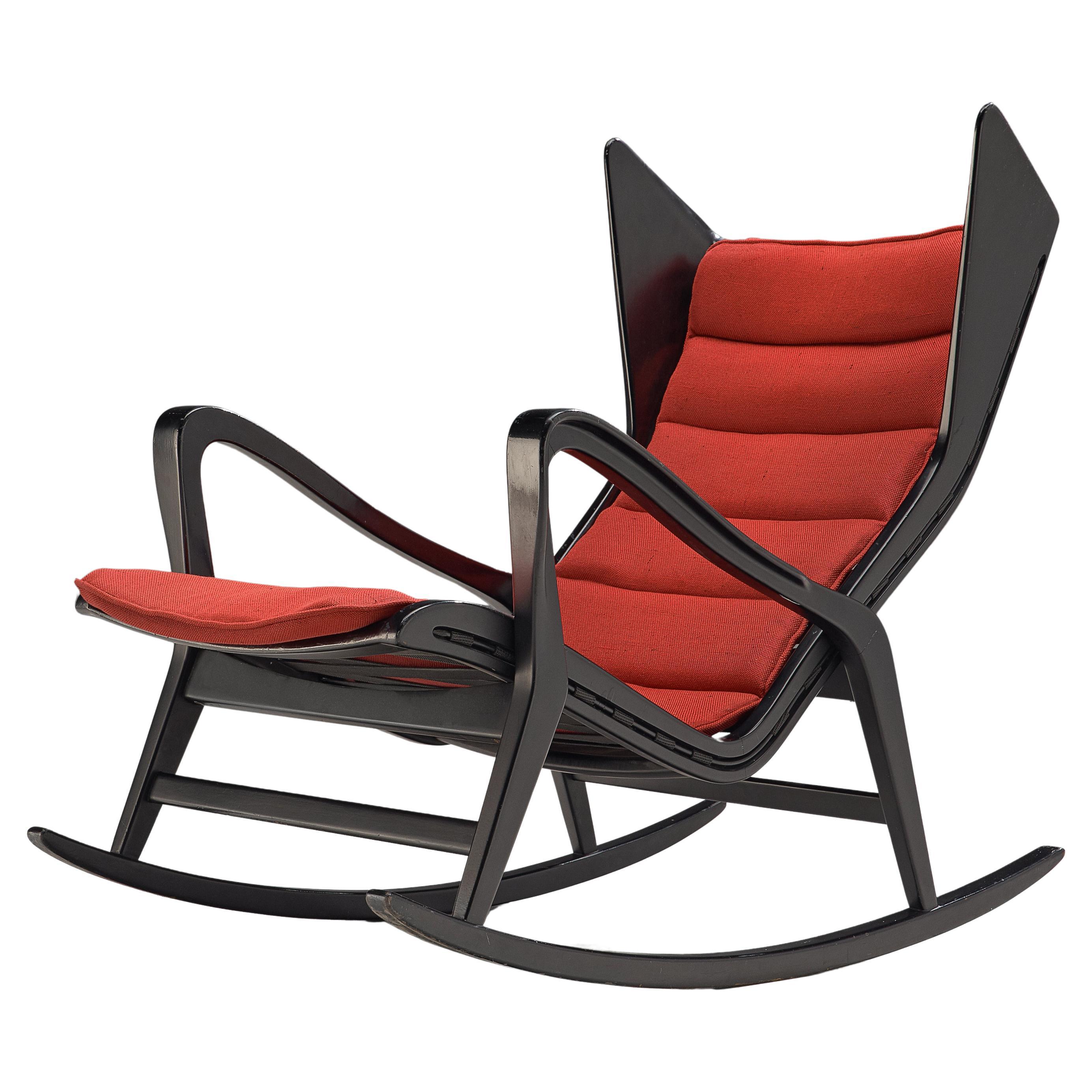 Chaise « 572 Rocking » de Studio Cassina en bois ébénisé et tissu rouge en vente