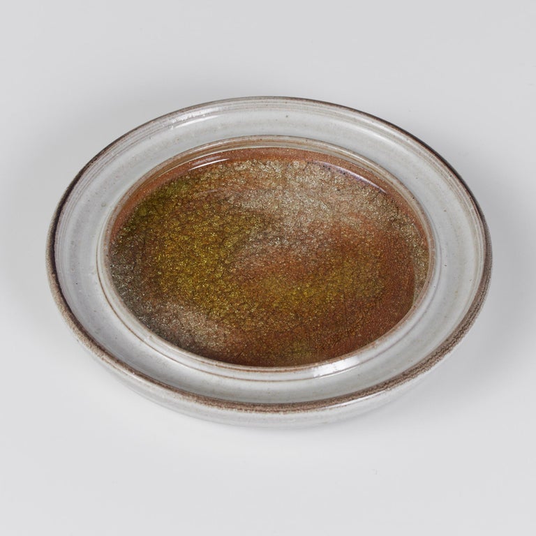 Studio Ceramic Dish with Golden Crushed Glass Inlay For Sale at 1stDibs