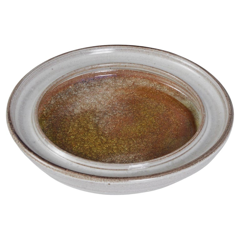Studio Ceramic Dish with Golden Crushed Glass Inlay For Sale at 1stDibs