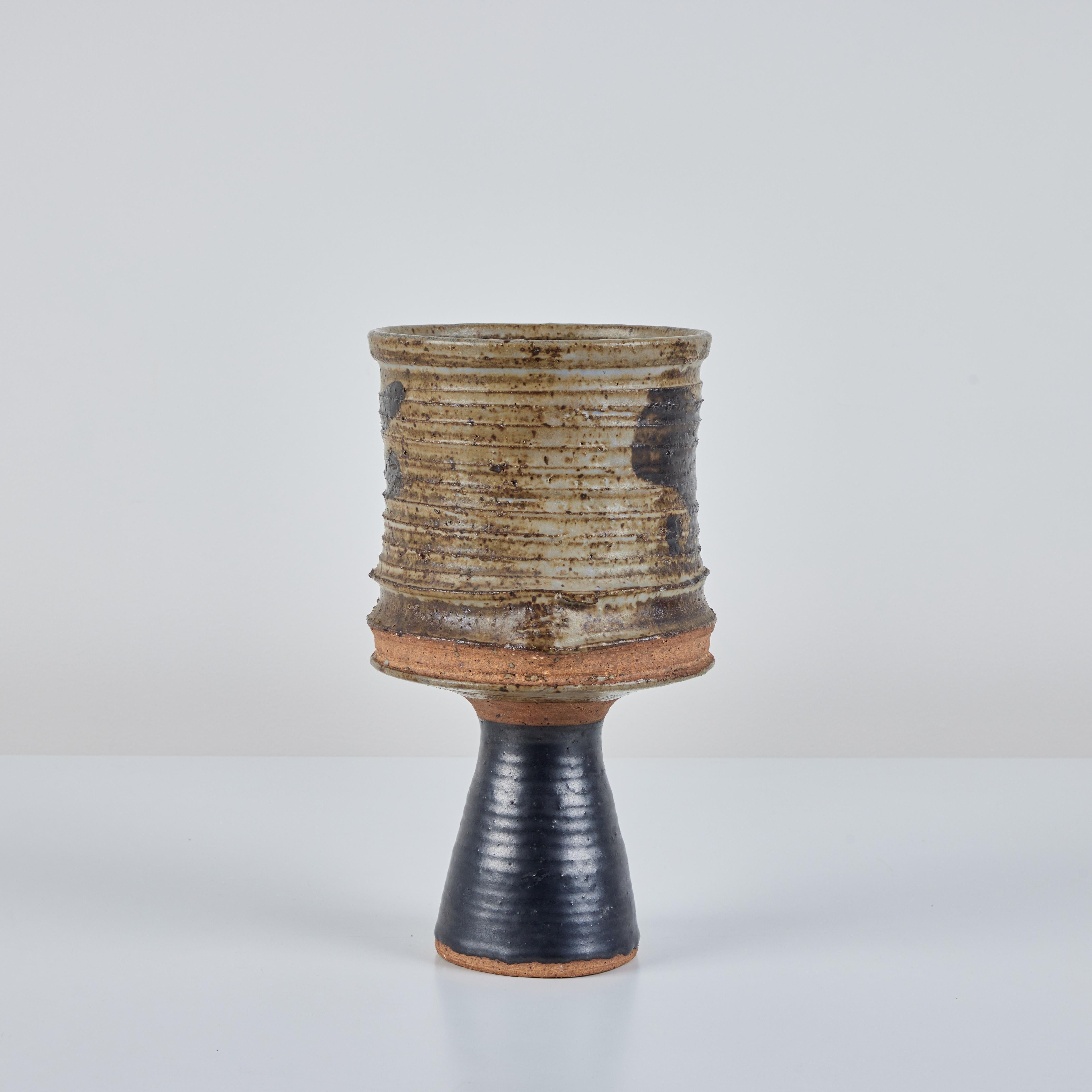 20th Century Studio Ceramic Ribbed Goblet Vase For Sale