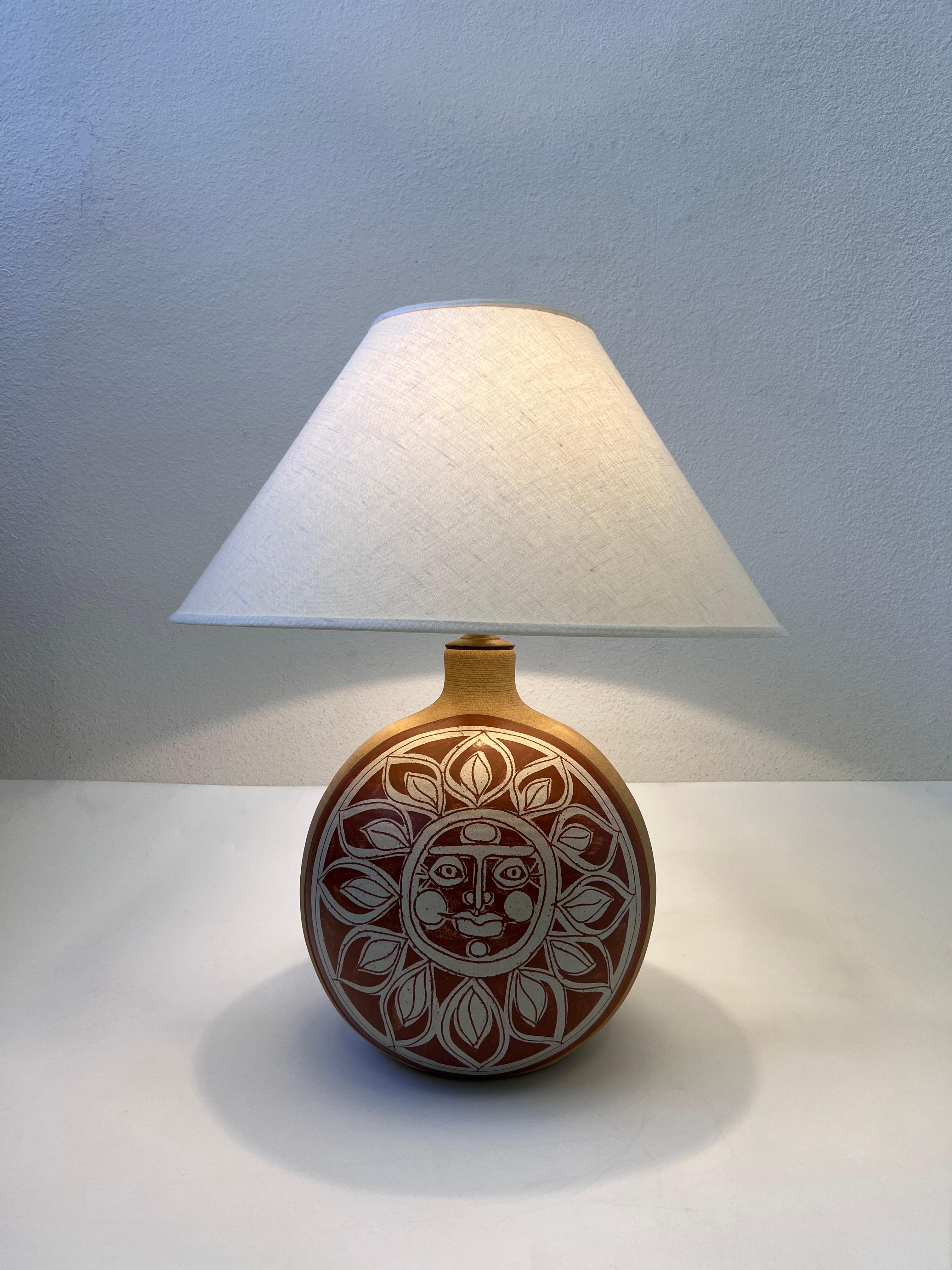 Mid-Century Modern Studio Ceramic Sun Face Table Lamp by Brown Brothers 