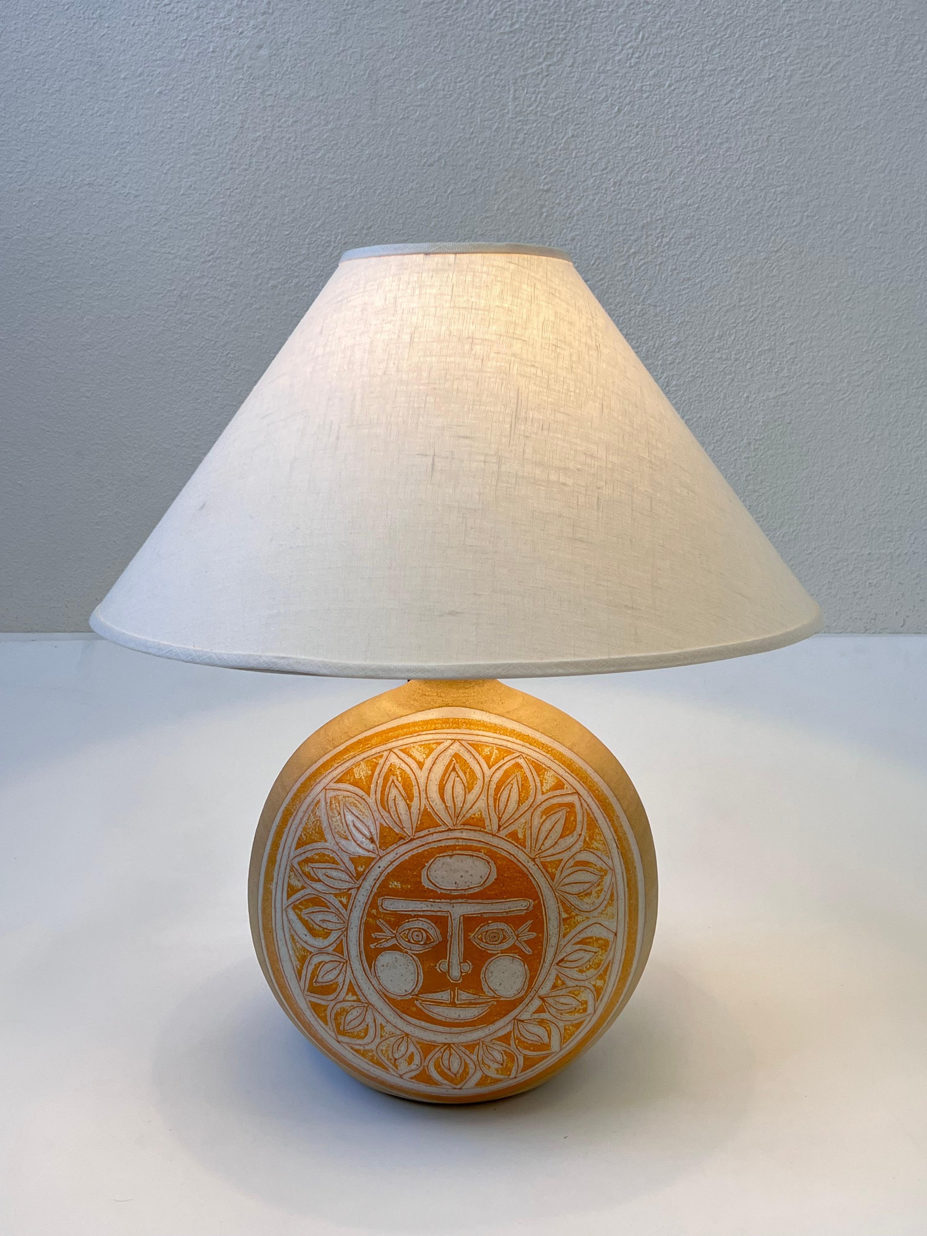 Mid-Century Modern Studio Ceramic Sun Face Table Lamp by Brown 