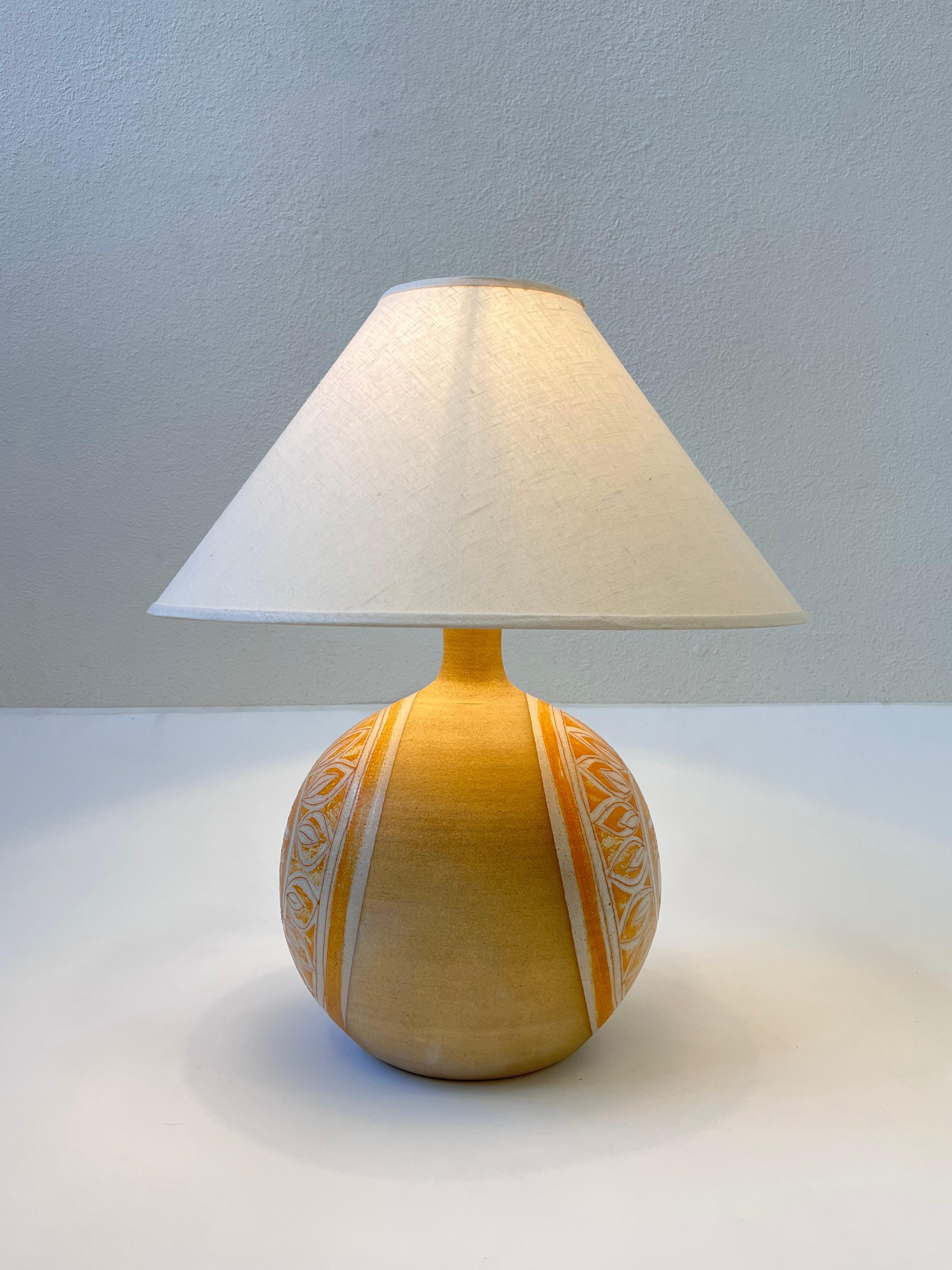 American Studio Ceramic Sun Face Table Lamp by Brown 
