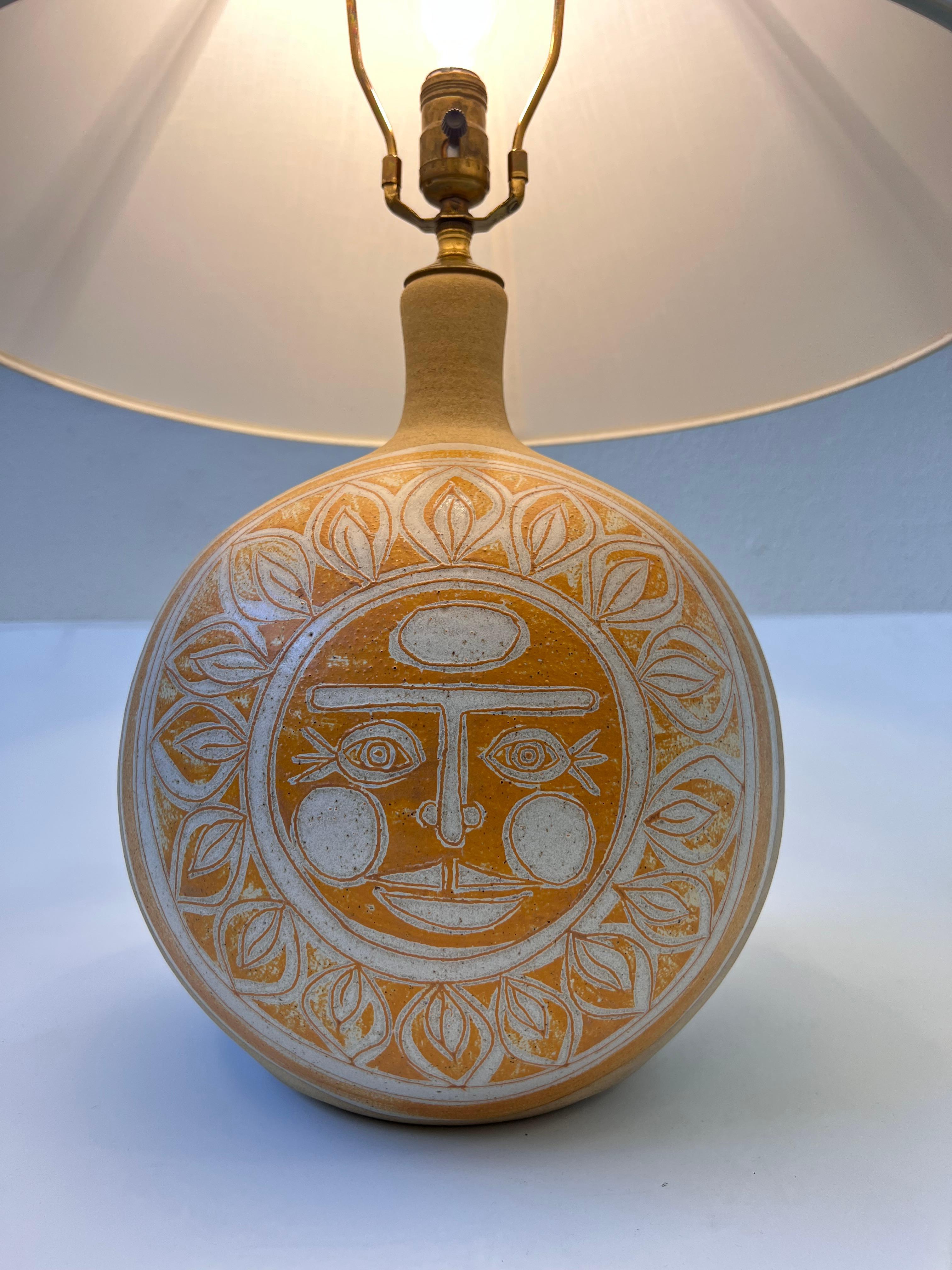 Glazed Studio Ceramic Sun Face Table Lamp by Brown 