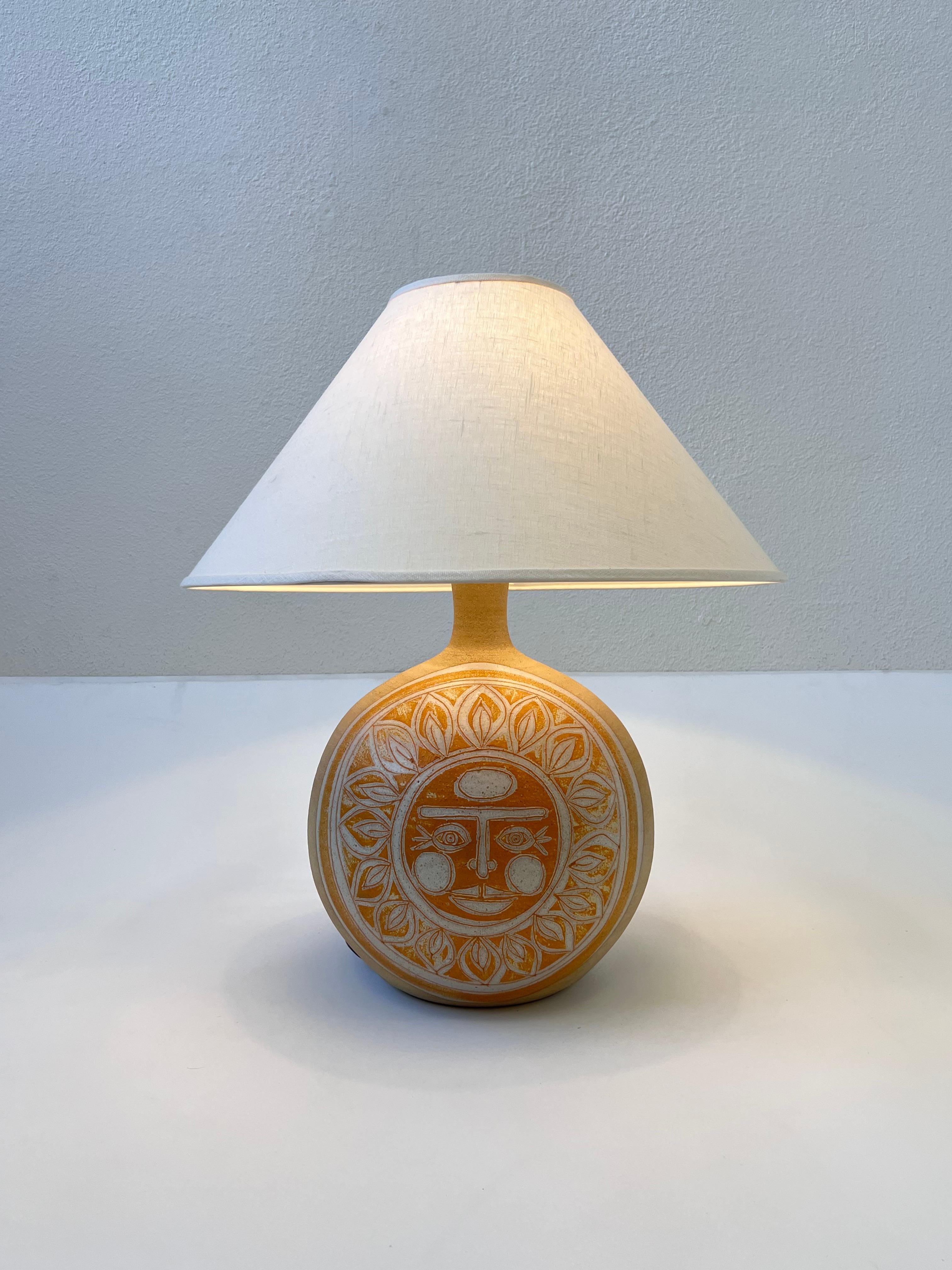 Brass Studio Ceramic Sun Face Table Lamp by Brown 