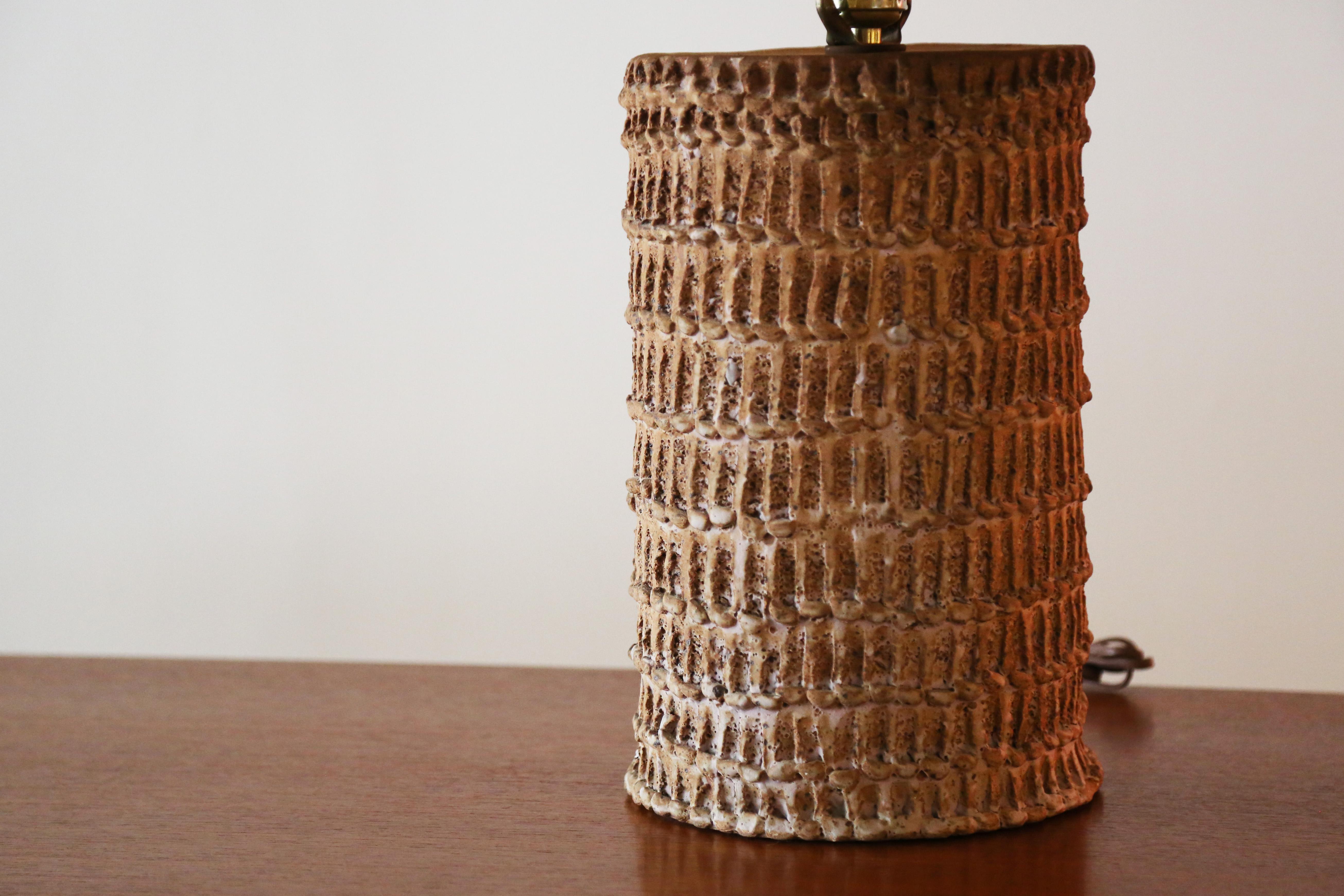 American Studio Ceramic Table Lamp with Sgraffito Scraped Surface Terracotta Signed Sandi