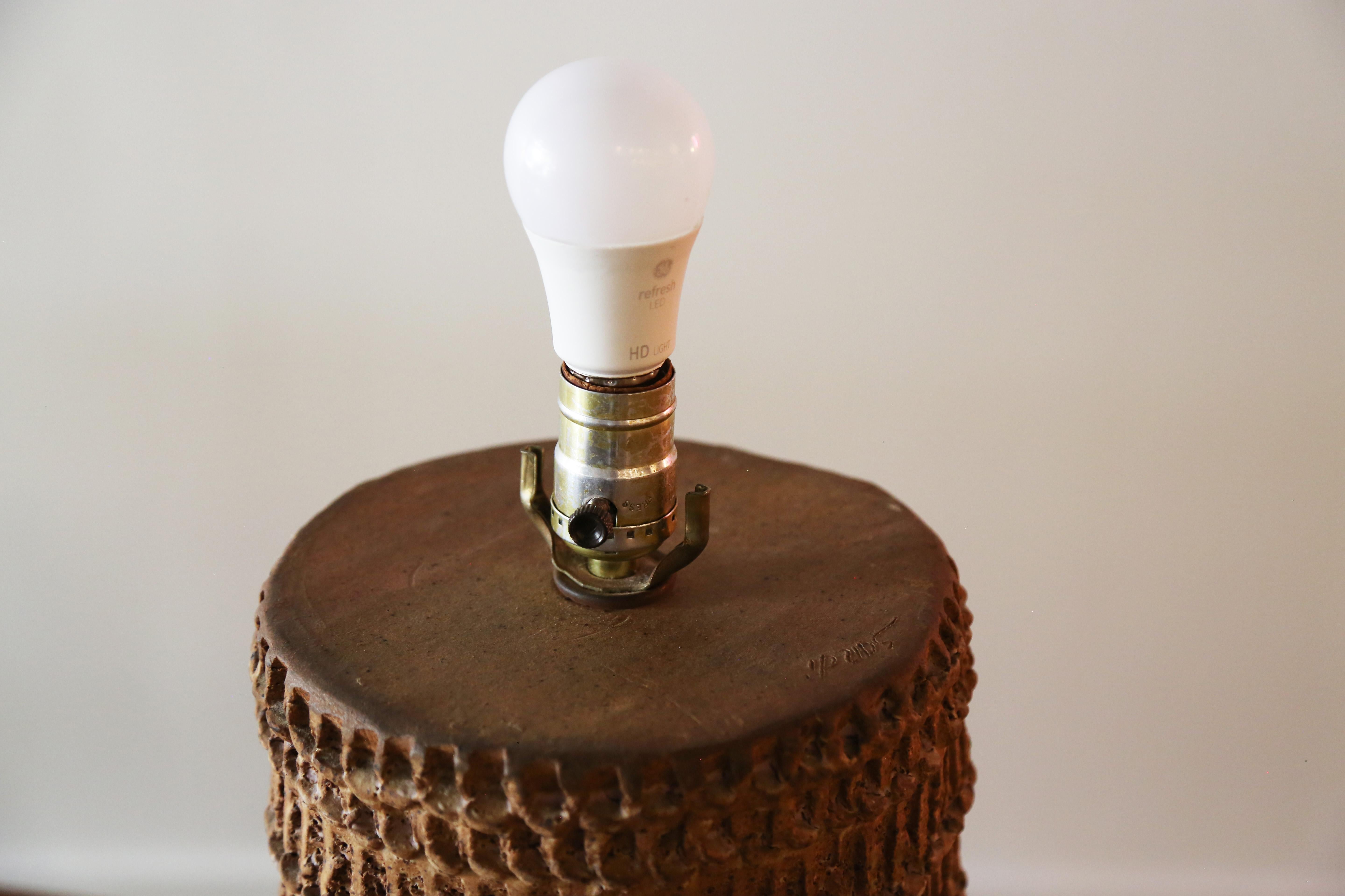 Studio Ceramic Table Lamp with Sgraffito Scraped Surface Terracotta Signed Sandi 3