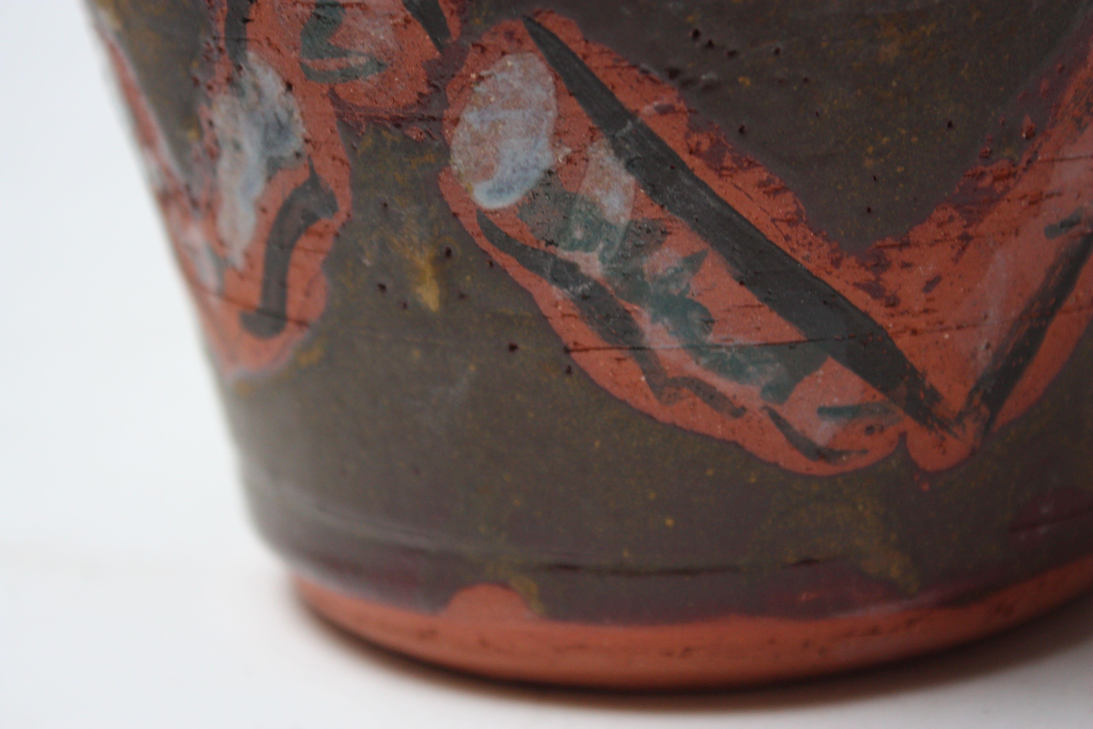 Studio Ceramic Terracotta Vase with Crude Figural Design For Sale 8