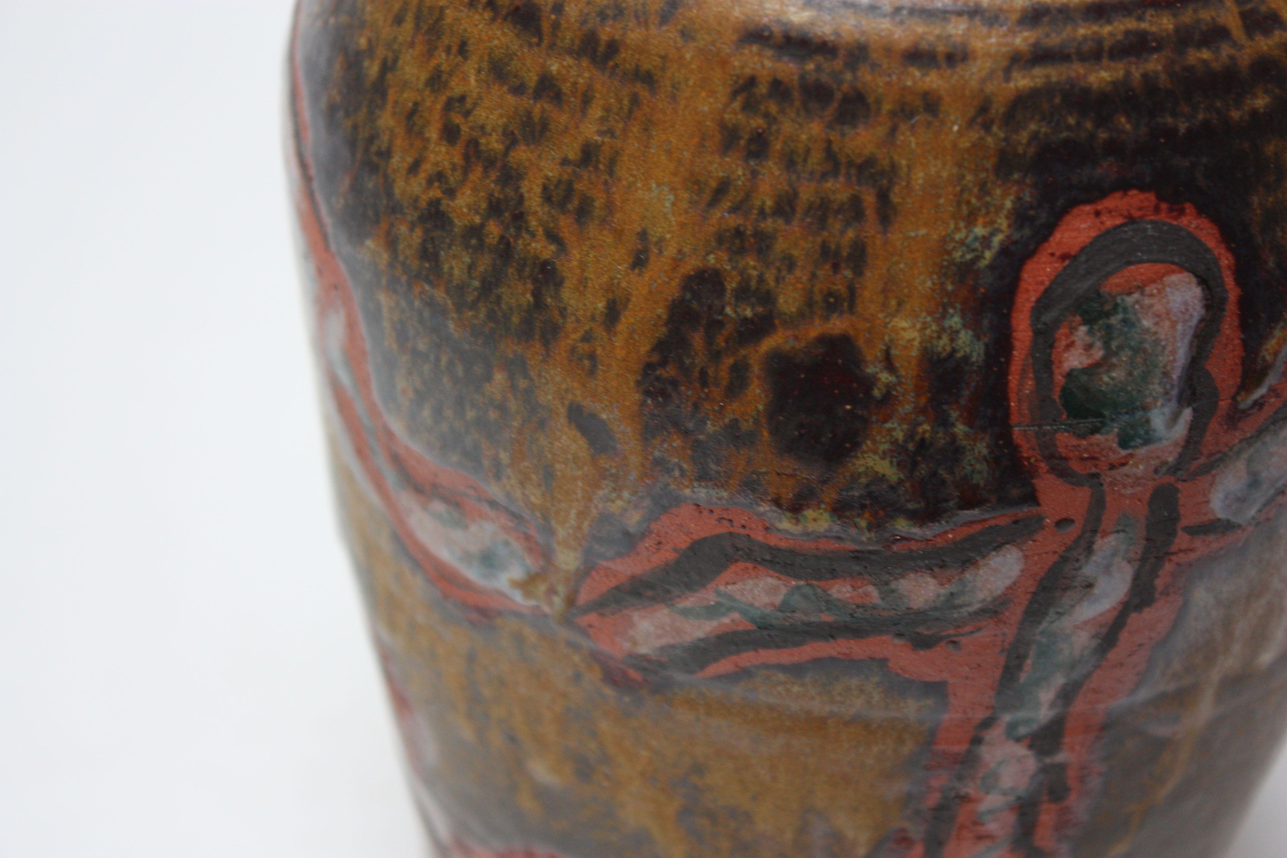 Studio Ceramic Terracotta Vase with Crude Figural Design For Sale 10