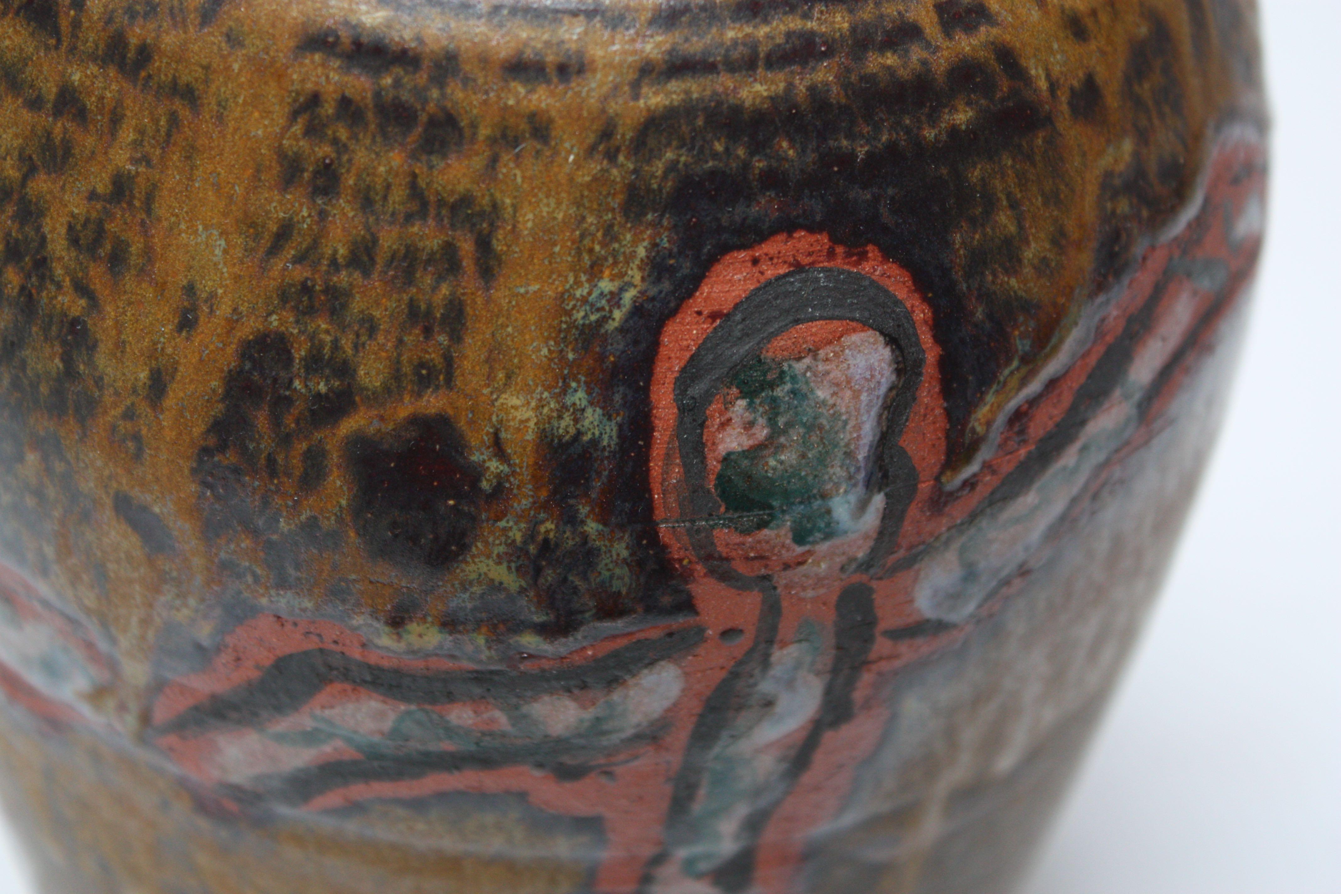 Studio Ceramic Terracotta Vase with Crude Figural Design For Sale 11