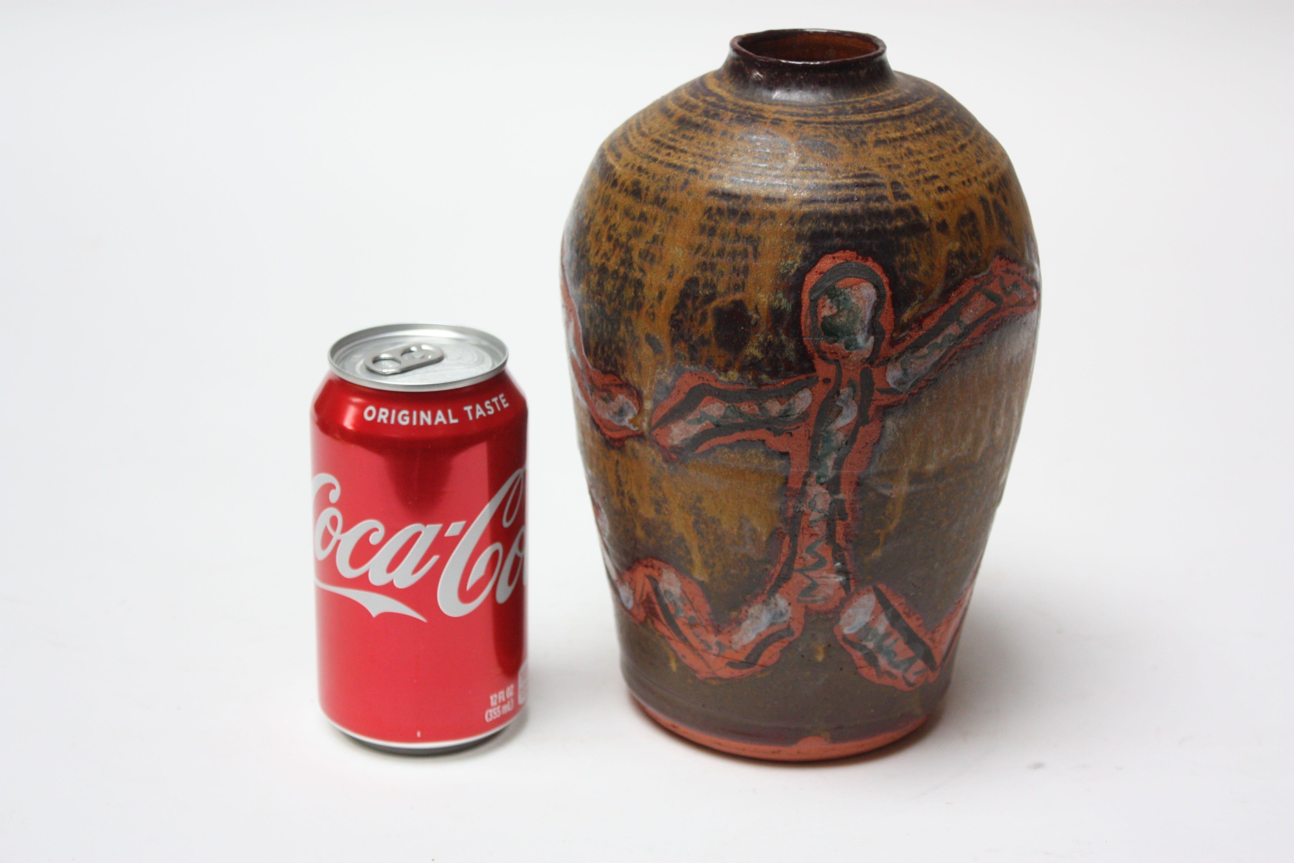 American Studio Ceramic Terracotta Vase with Crude Figural Design For Sale