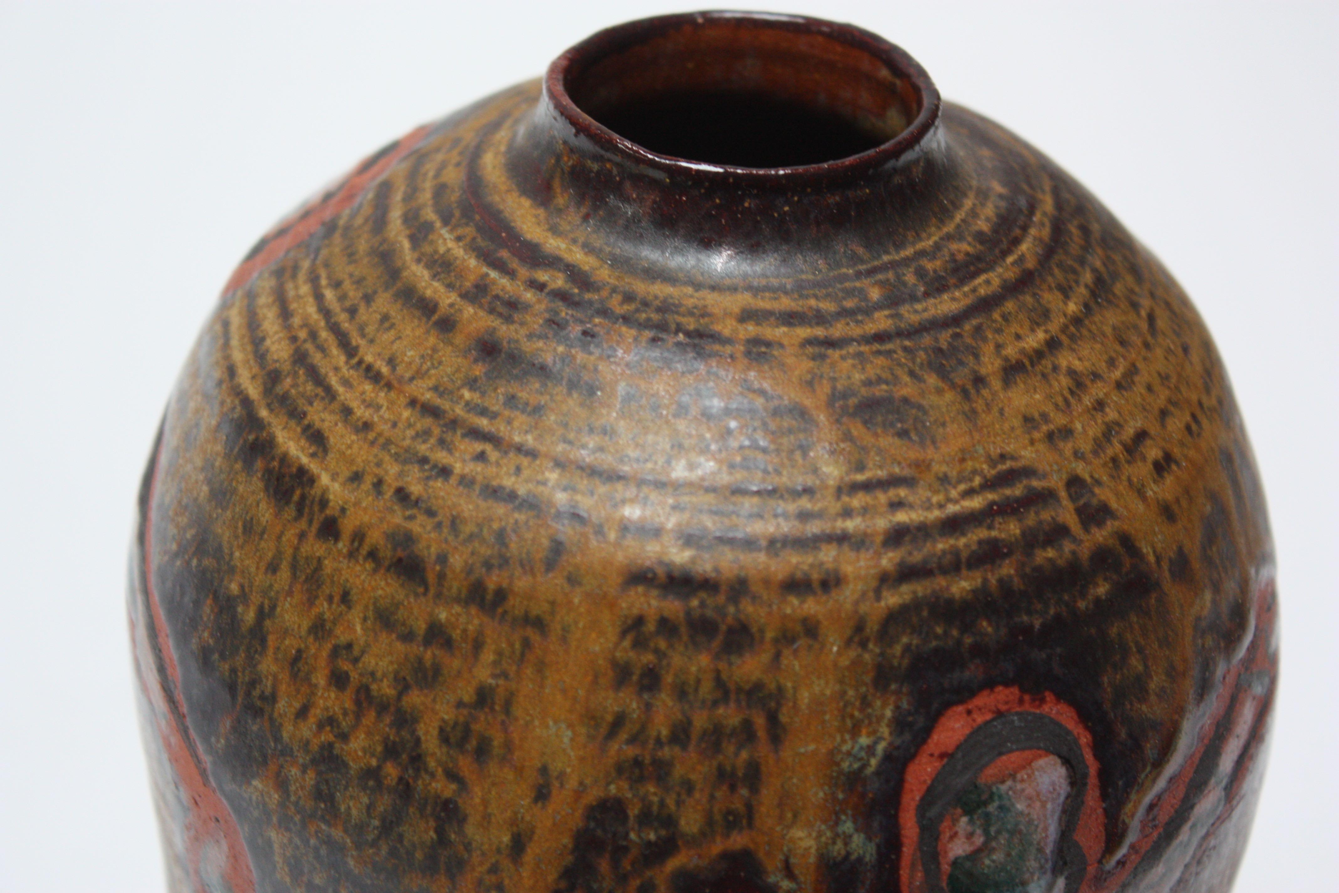 Late 20th Century Studio Ceramic Terracotta Vase with Crude Figural Design For Sale