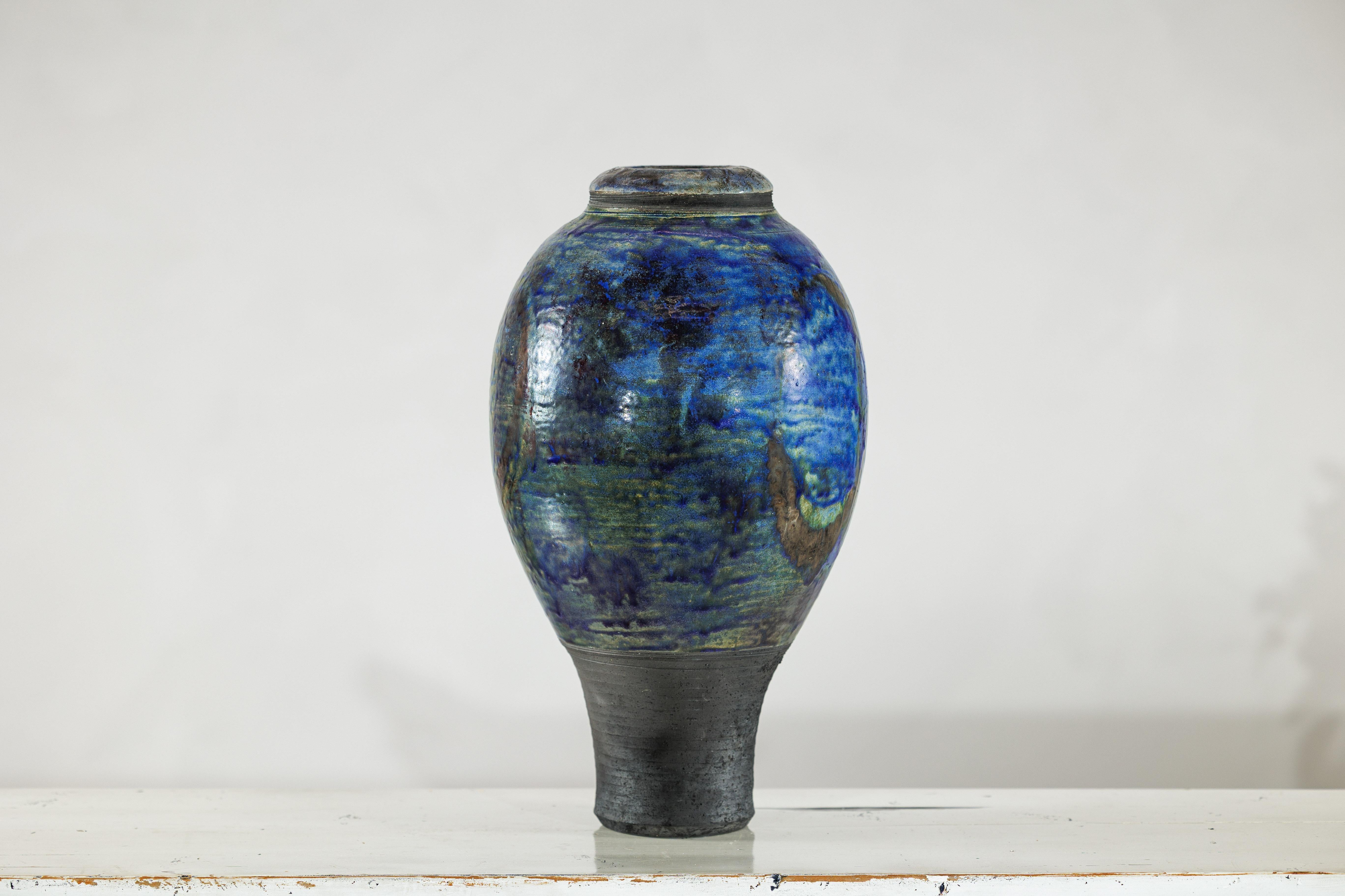 Studio Ceramic Vase with Cobalt Blue Glaze and Tapered Foot For Sale 7