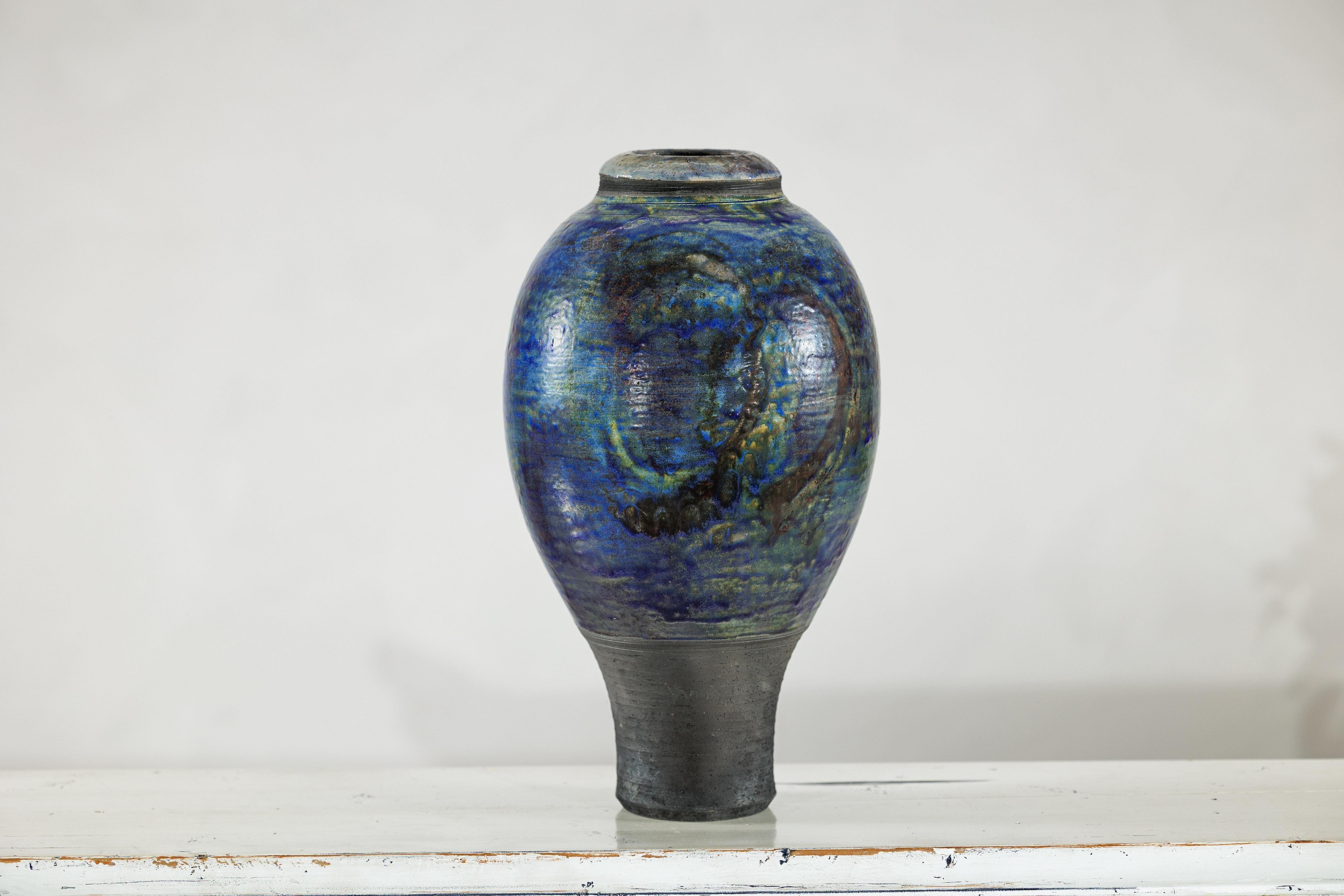 Studio Ceramic Vase with Cobalt Blue Glaze and Tapered Foot For Sale 8
