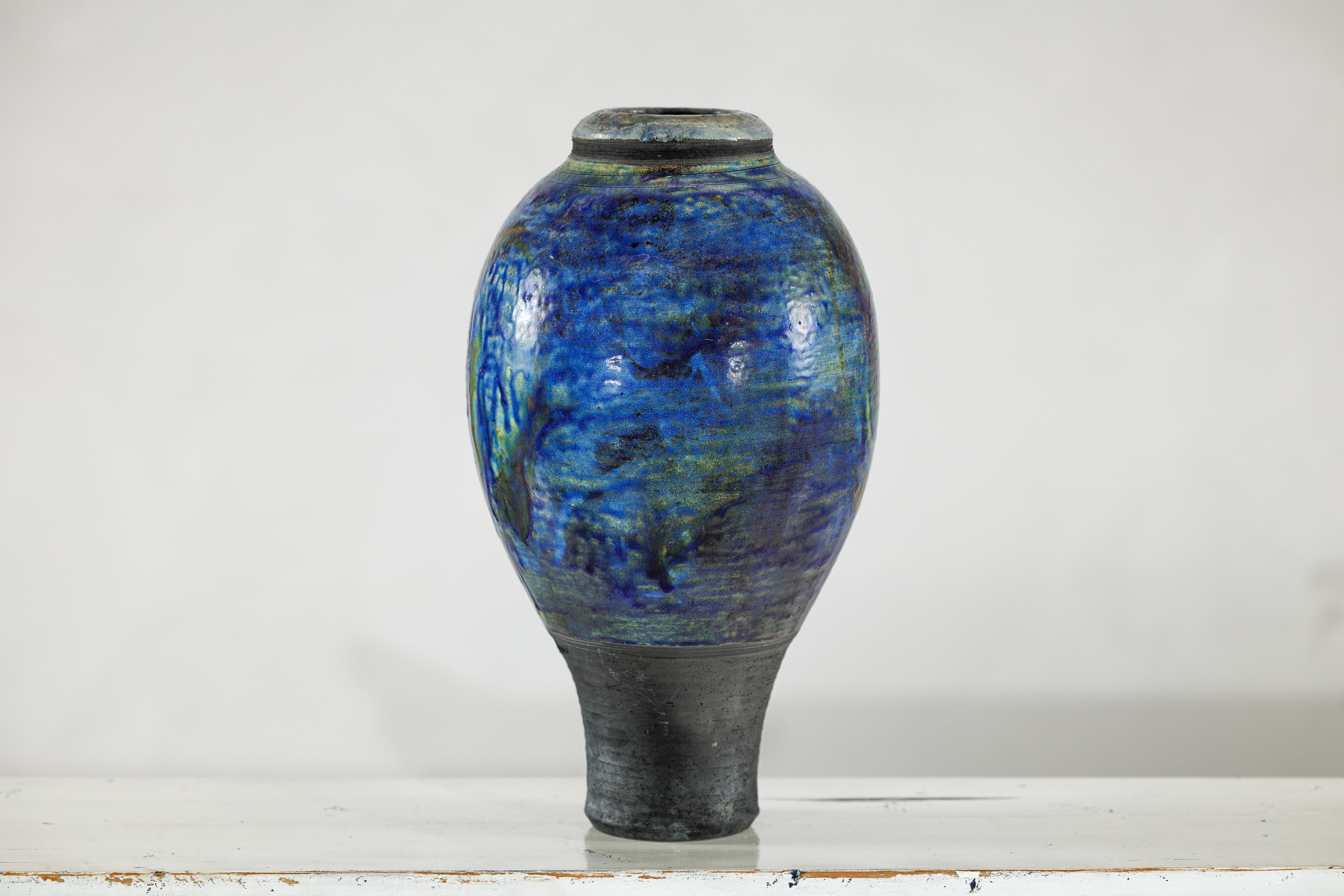 Studio Ceramic Vase with Cobalt Blue Glaze and Tapered Foot For Sale 9