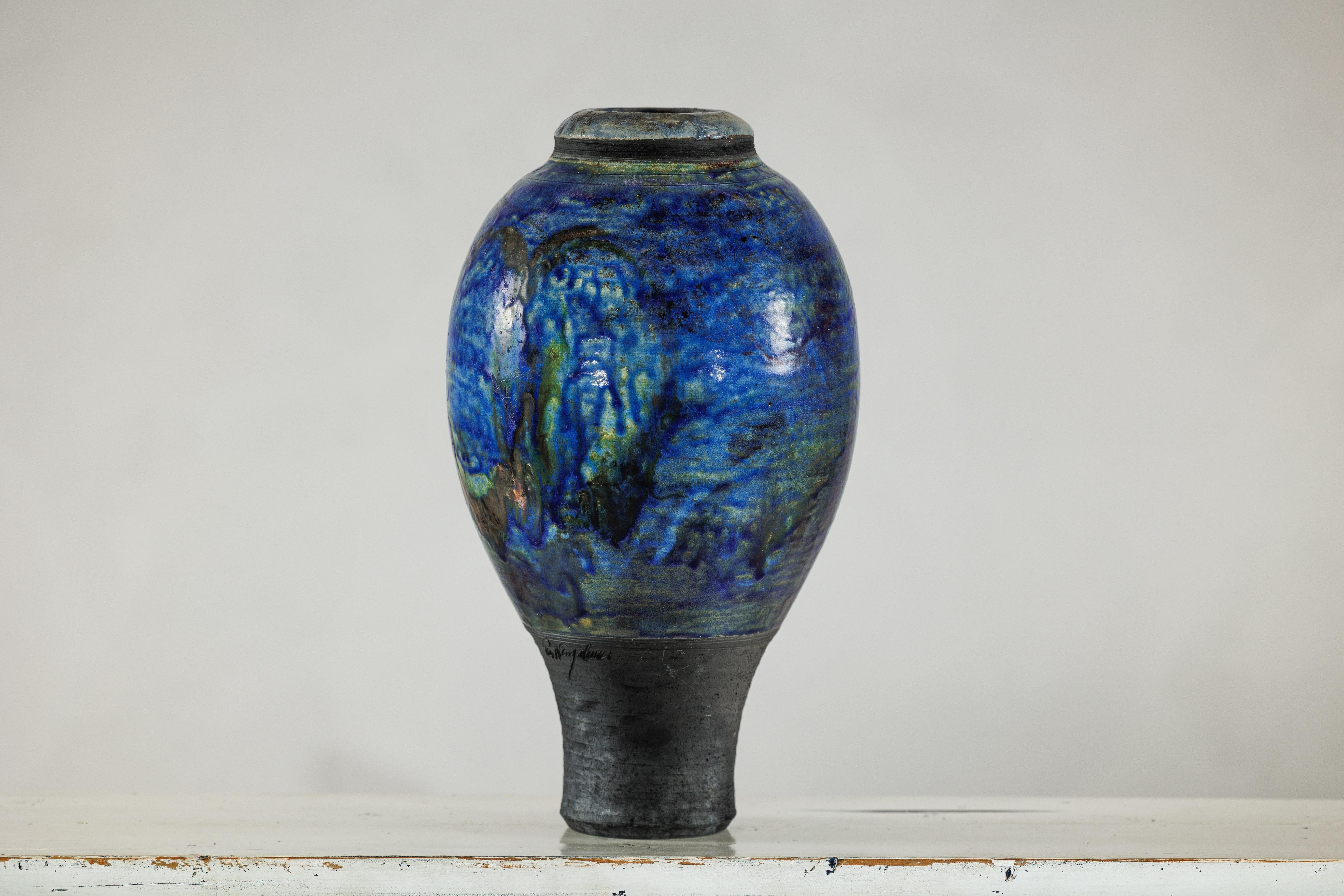 Studio Ceramic Vase with Cobalt Blue Glaze and Tapered Foot For Sale 11