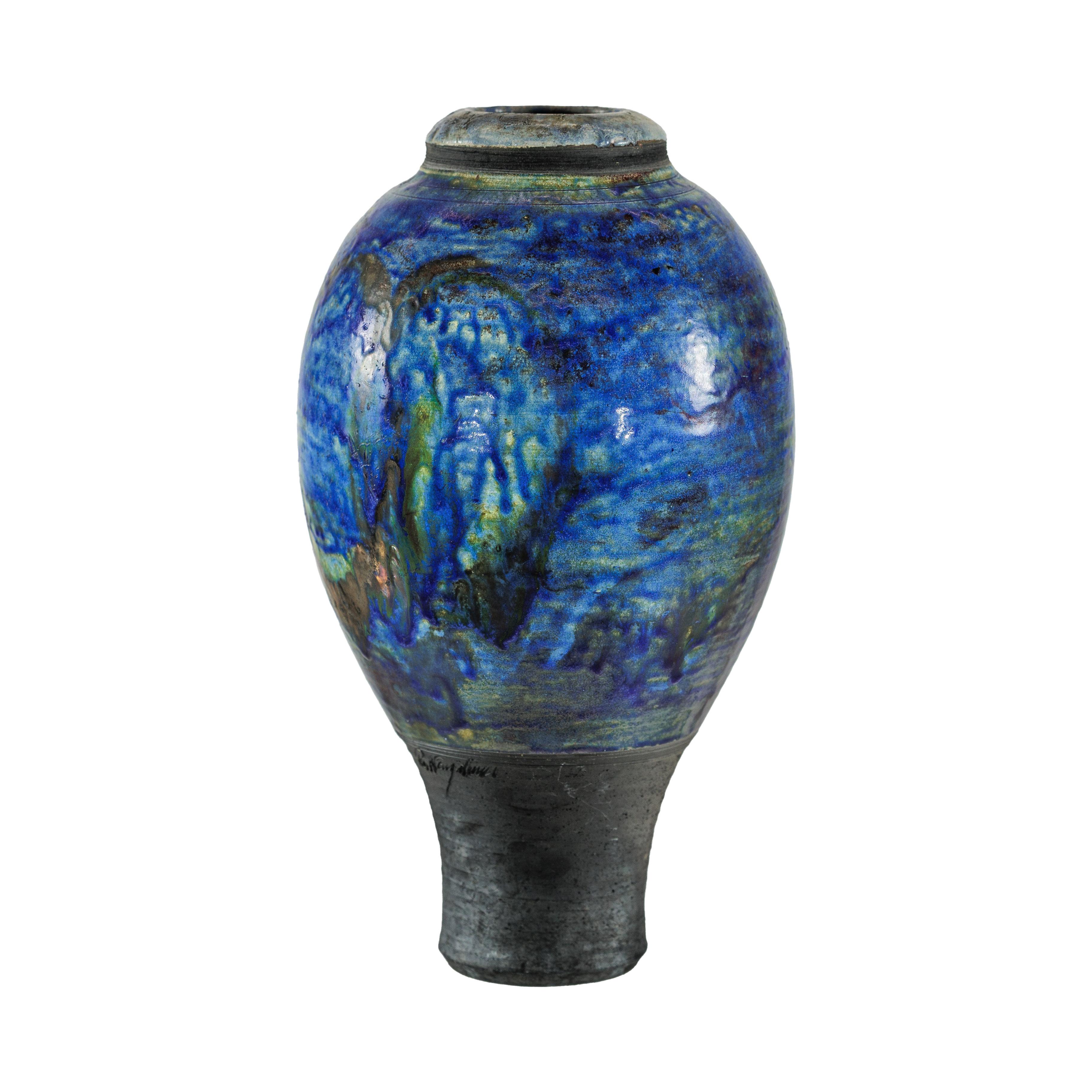 Studio Ceramic Vase with Cobalt Blue Glaze and Tapered Foot For Sale 12
