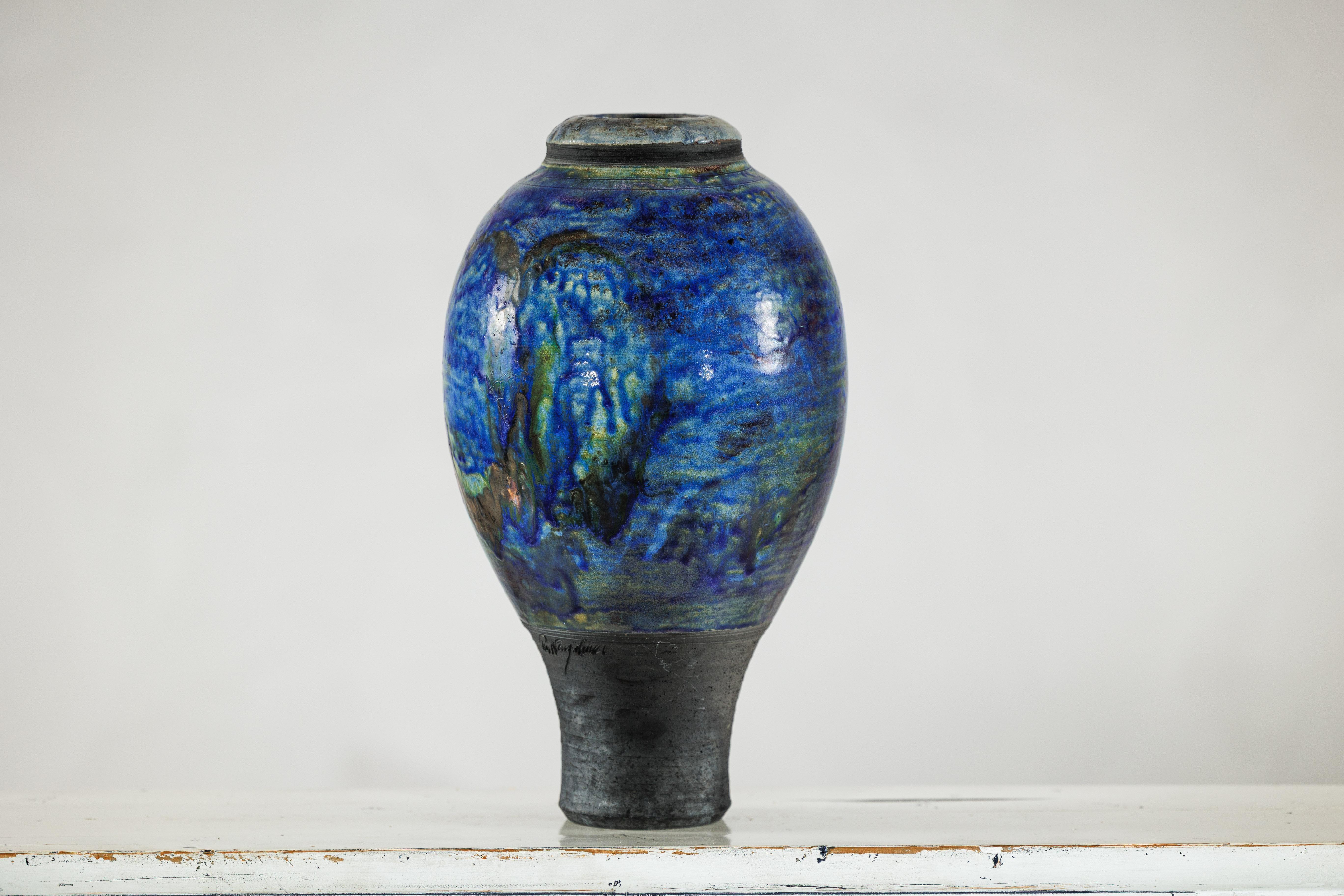Glazed Studio Ceramic Vase with Cobalt Blue Glaze and Tapered Foot For Sale