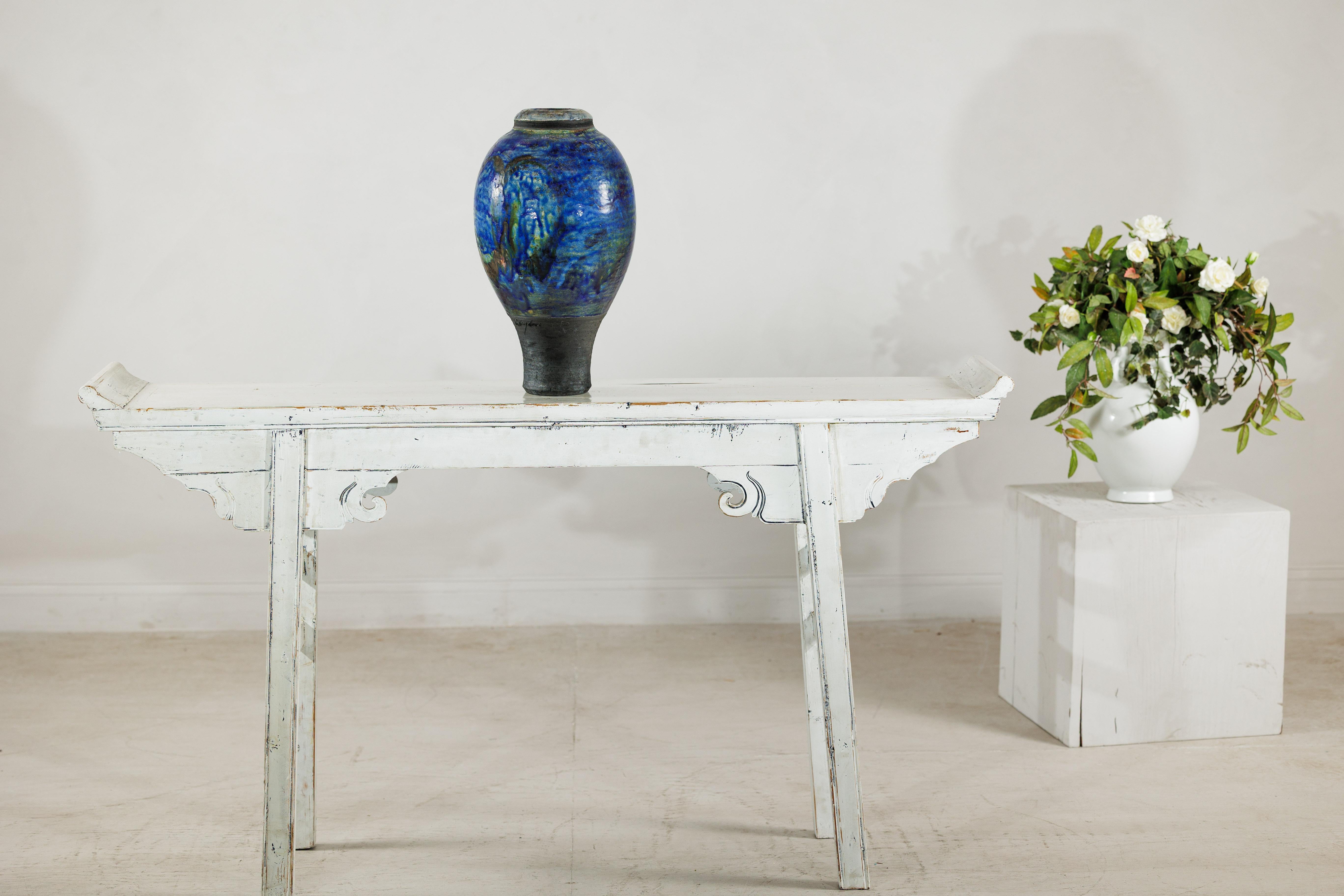 Studio Ceramic Vase with Cobalt Blue Glaze and Tapered Foot In Good Condition For Sale In Yonkers, NY