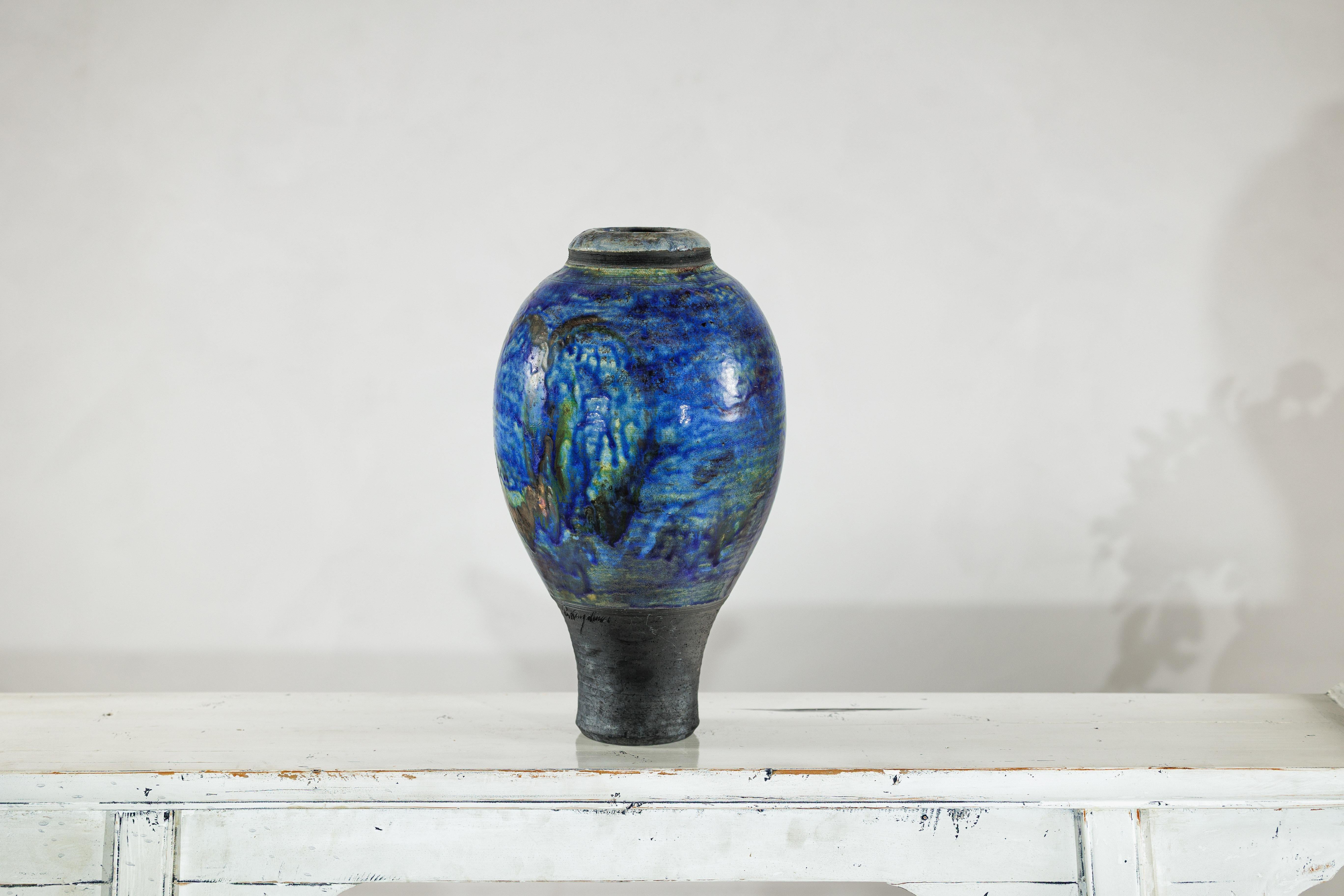 20th Century Studio Ceramic Vase with Cobalt Blue Glaze and Tapered Foot For Sale