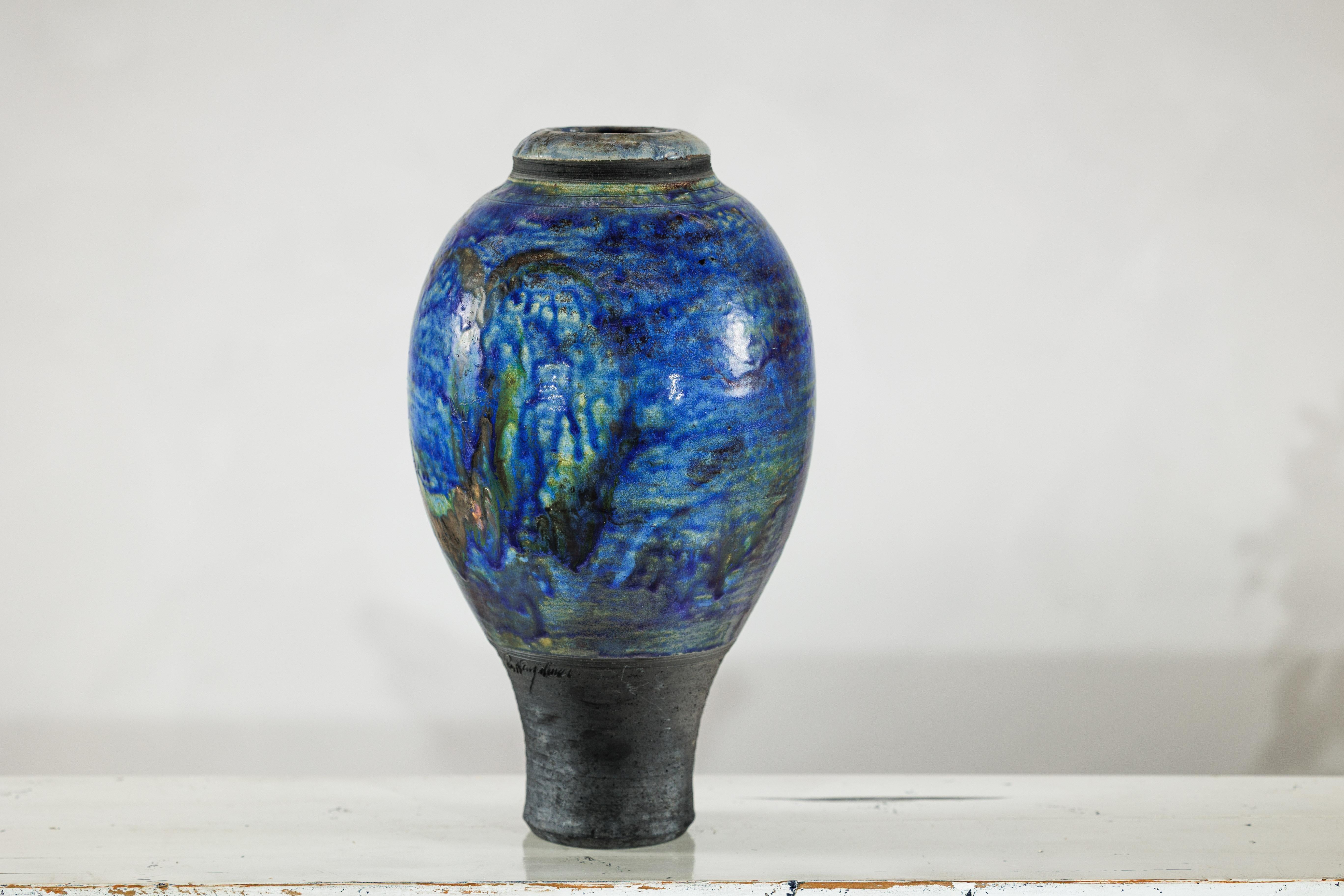 Studio Ceramic Vase with Cobalt Blue Glaze and Tapered Foot For Sale 1