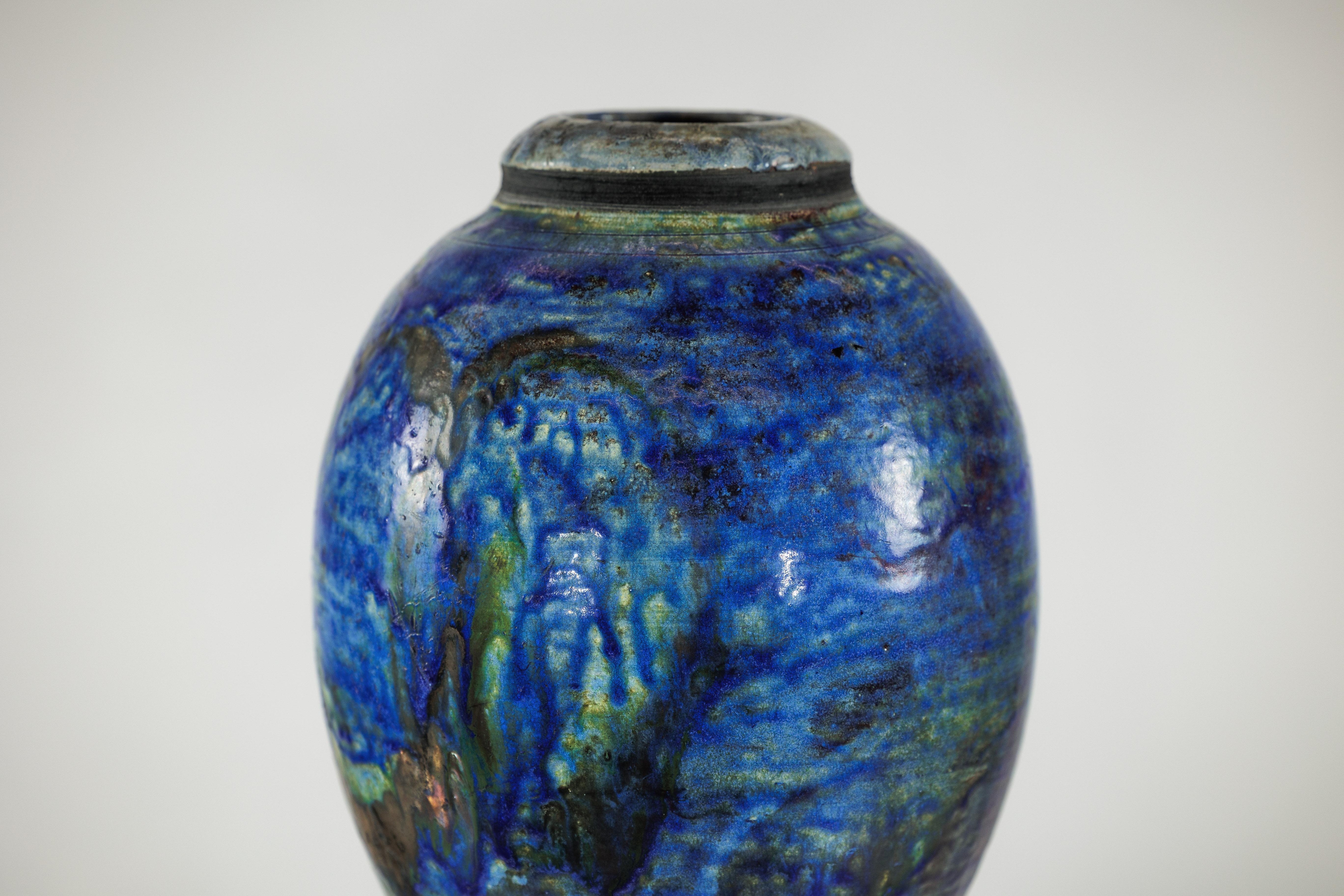 Studio Ceramic Vase with Cobalt Blue Glaze and Tapered Foot For Sale 2