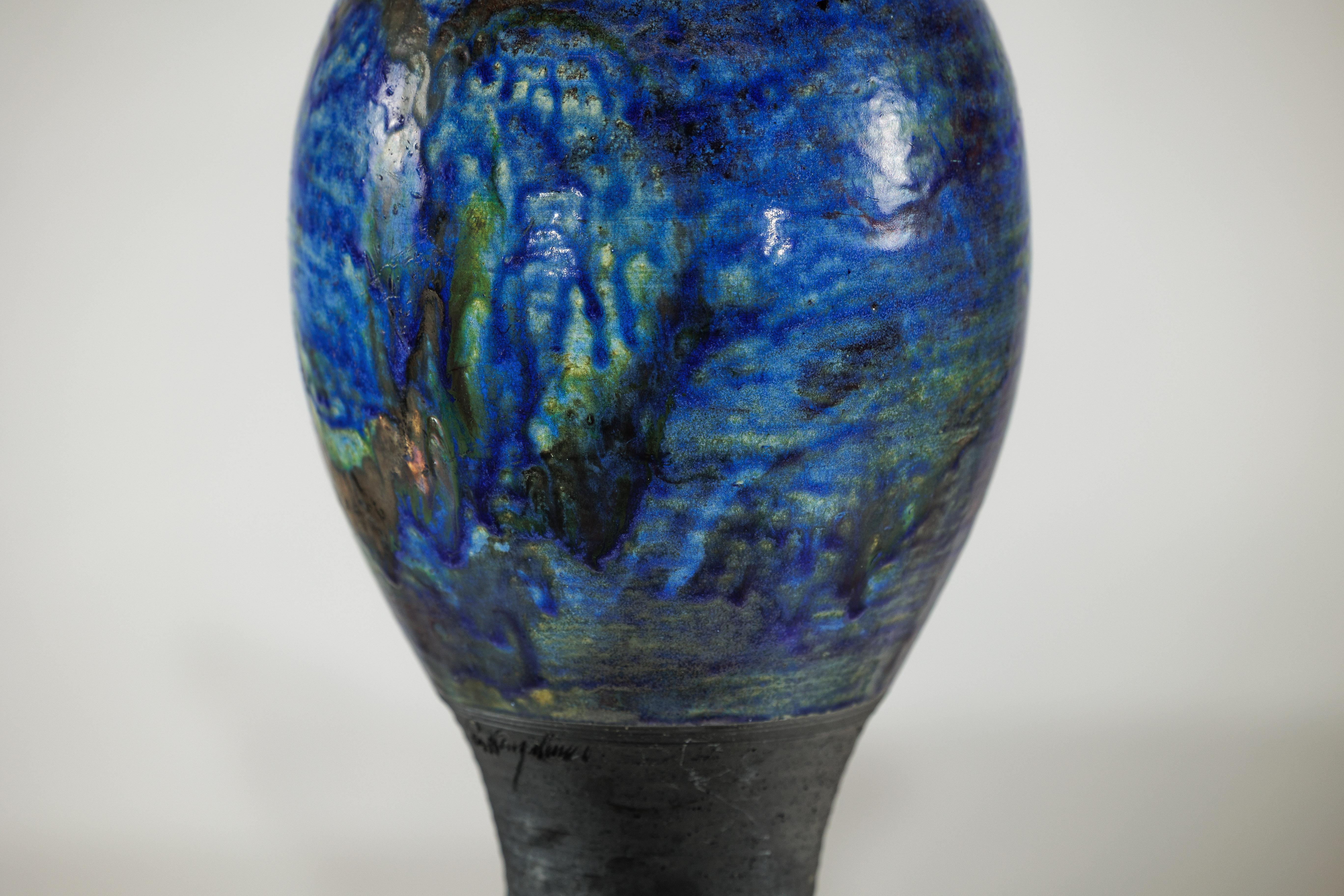 Studio Ceramic Vase with Cobalt Blue Glaze and Tapered Foot For Sale 3
