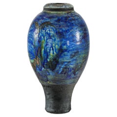 Studio Ceramic Vase with Cobalt Blue Glaze and Tapered Foot