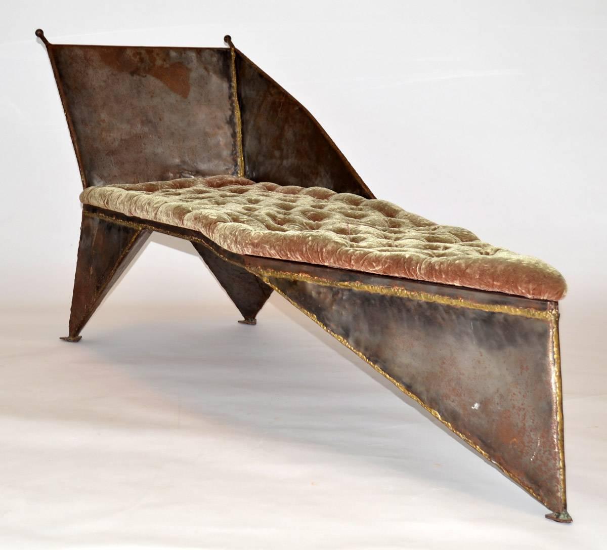 Studio chaise longue Brutal Design in Industrial welded metal over steel frame and tufted velvet upholstery with hidden storage under seat. Likely by Brazilian sculptor / metal worker Ignacio P., Miami, FL. Some rust and wear to seat.
American,