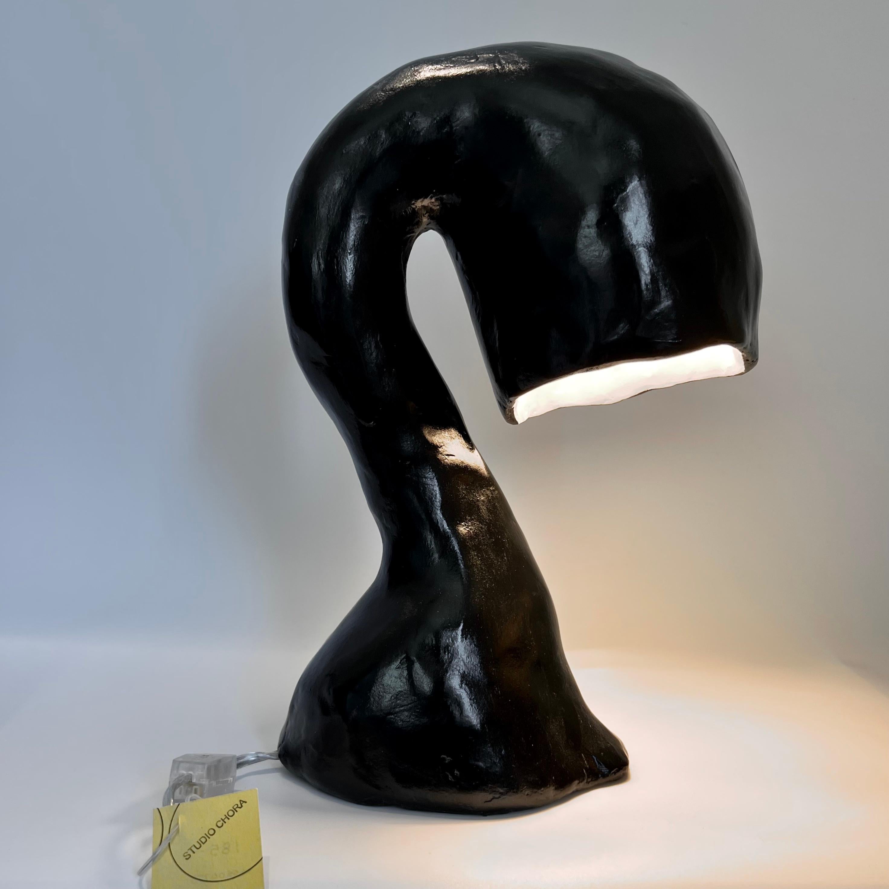 Carved Space Invader Line by Studio Chora, Table Lamp, Black Lacquer, Made-To-Order For Sale