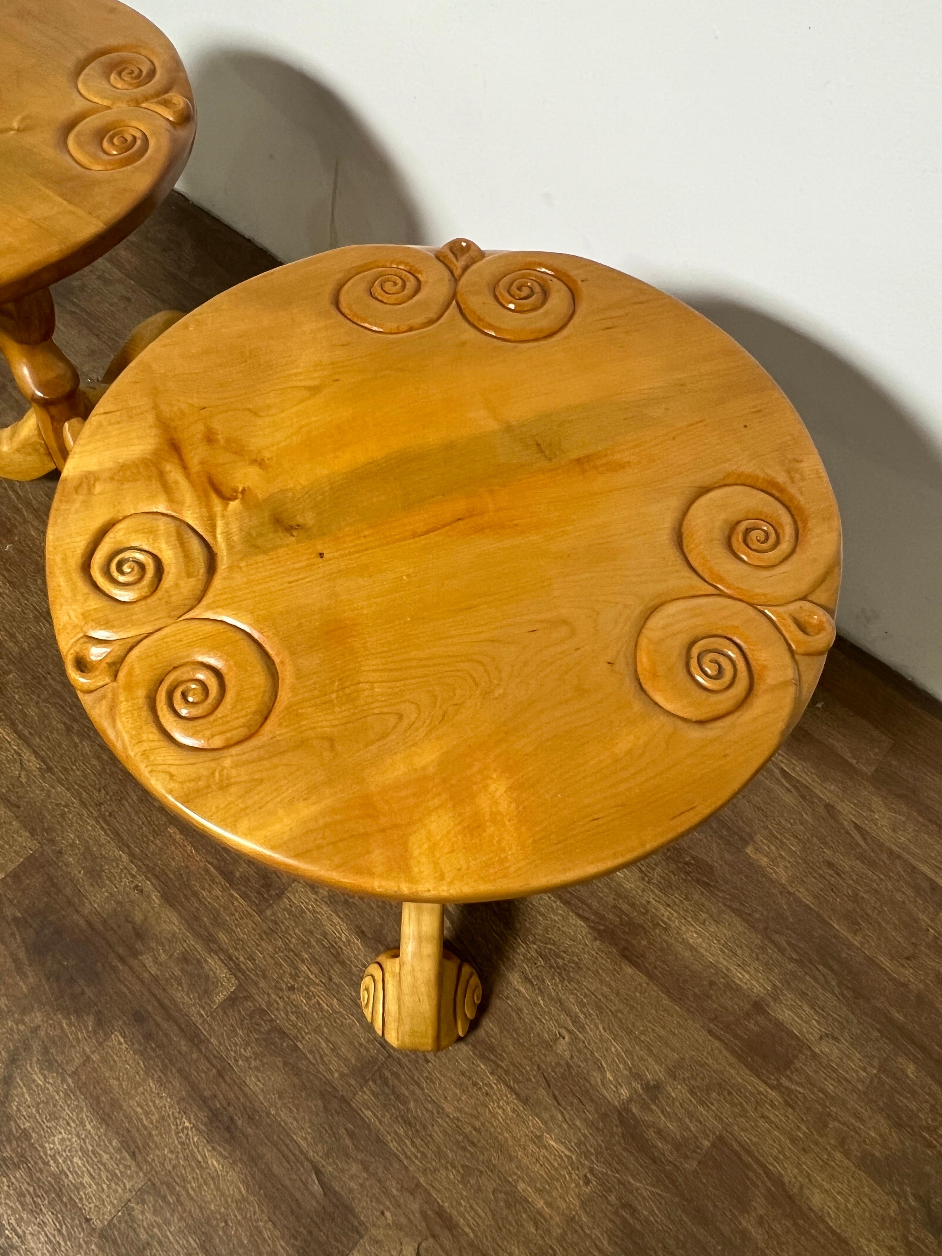 Folk Art Studio Craft Carved Maple Side Tables Signed Wilkins, D. 1977 For Sale