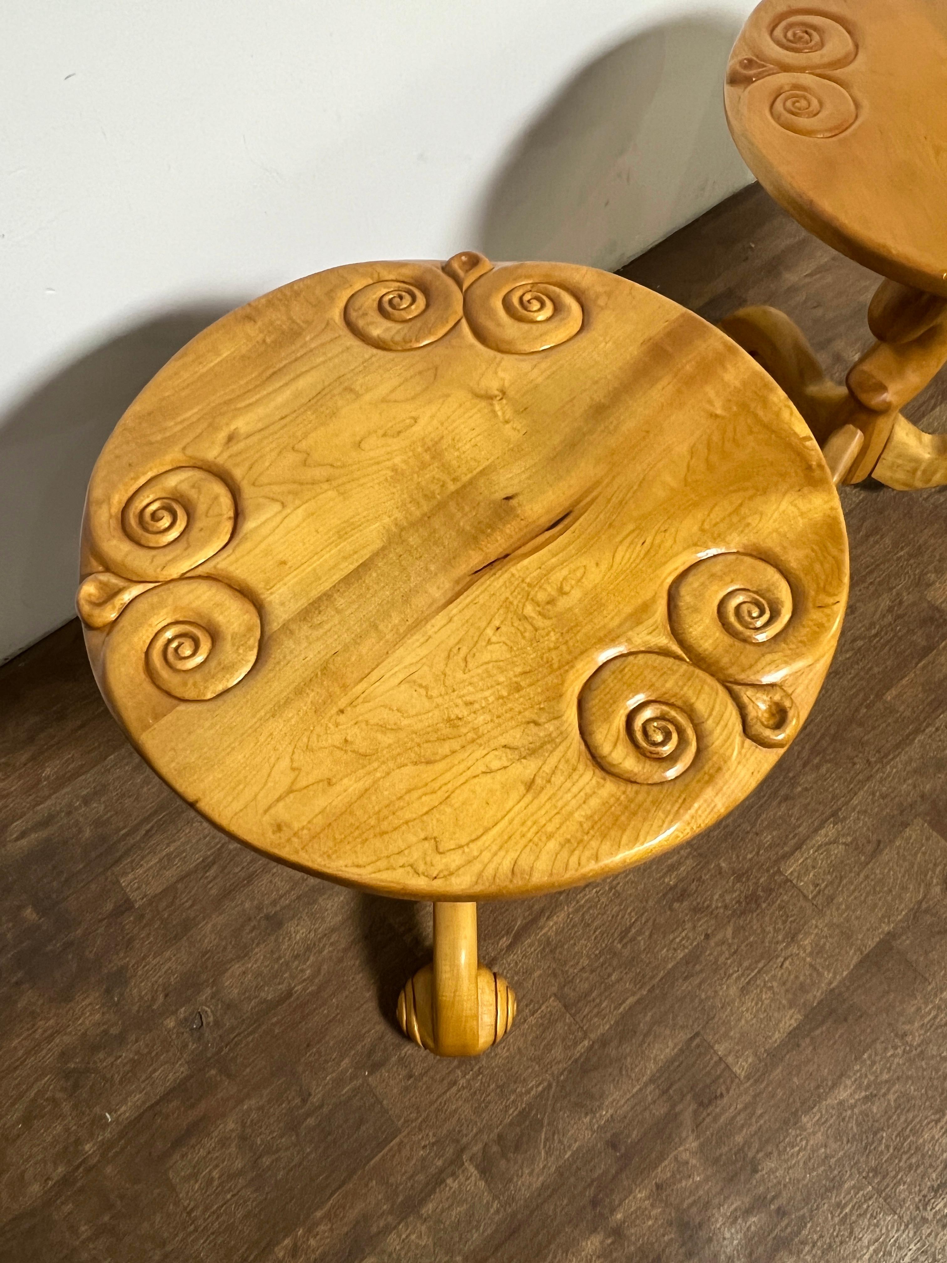 American Studio Craft Carved Maple Side Tables Signed Wilkins, D. 1977 For Sale