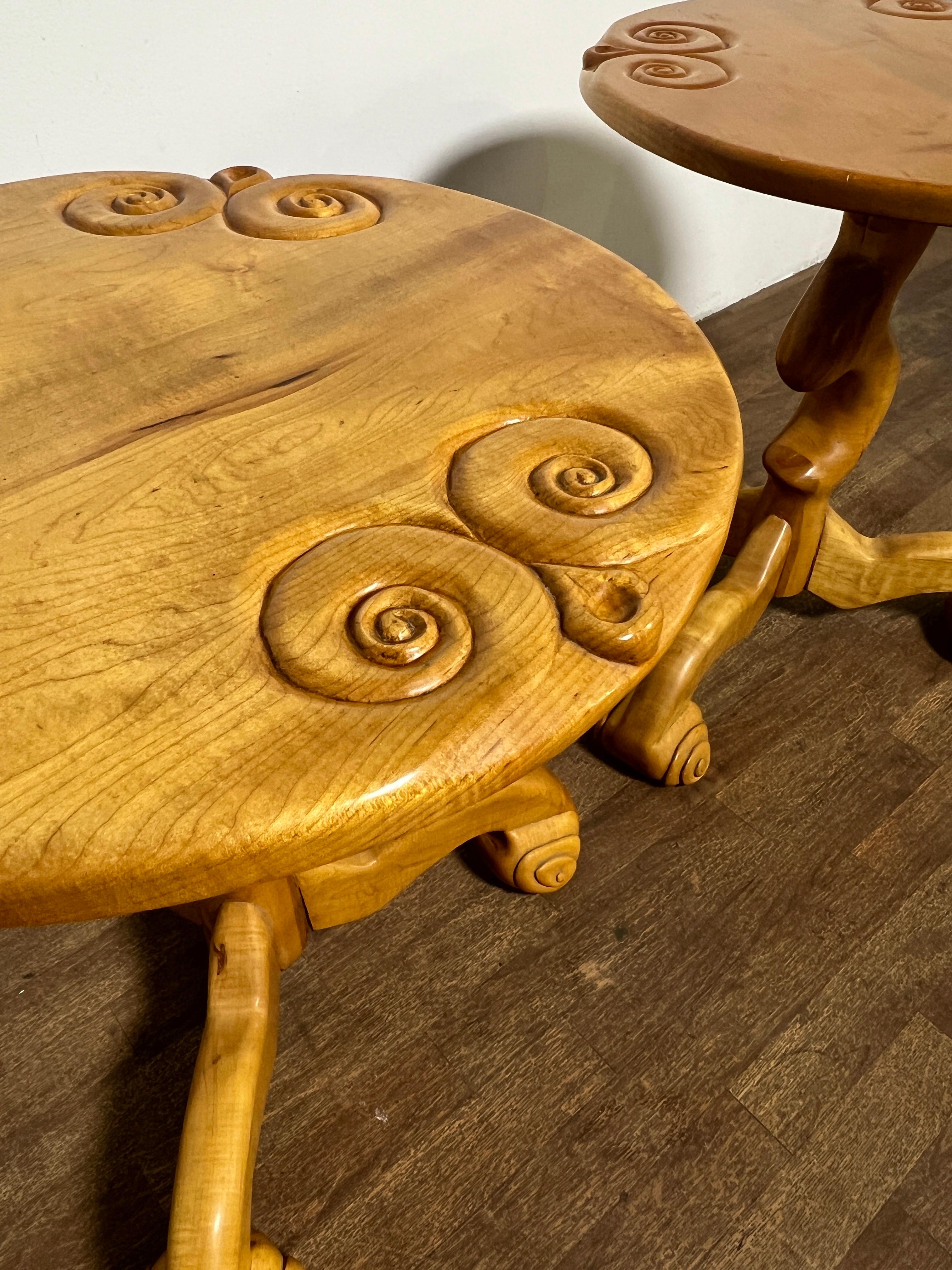 Studio Craft Carved Maple Side Tables Signed Wilkins, D. 1977 In Good Condition For Sale In Peabody, MA